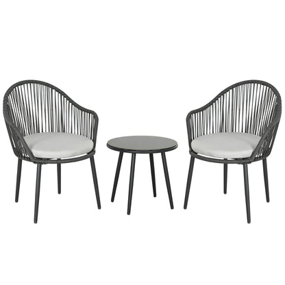 3-Piece Rattan Garden Furniture Set Seating Group, Patio Set with 2 Garden Chairs, Side Table with Tempered Glass Top, Cushions, for Balcony, Terrace, Steel, Dark Gray