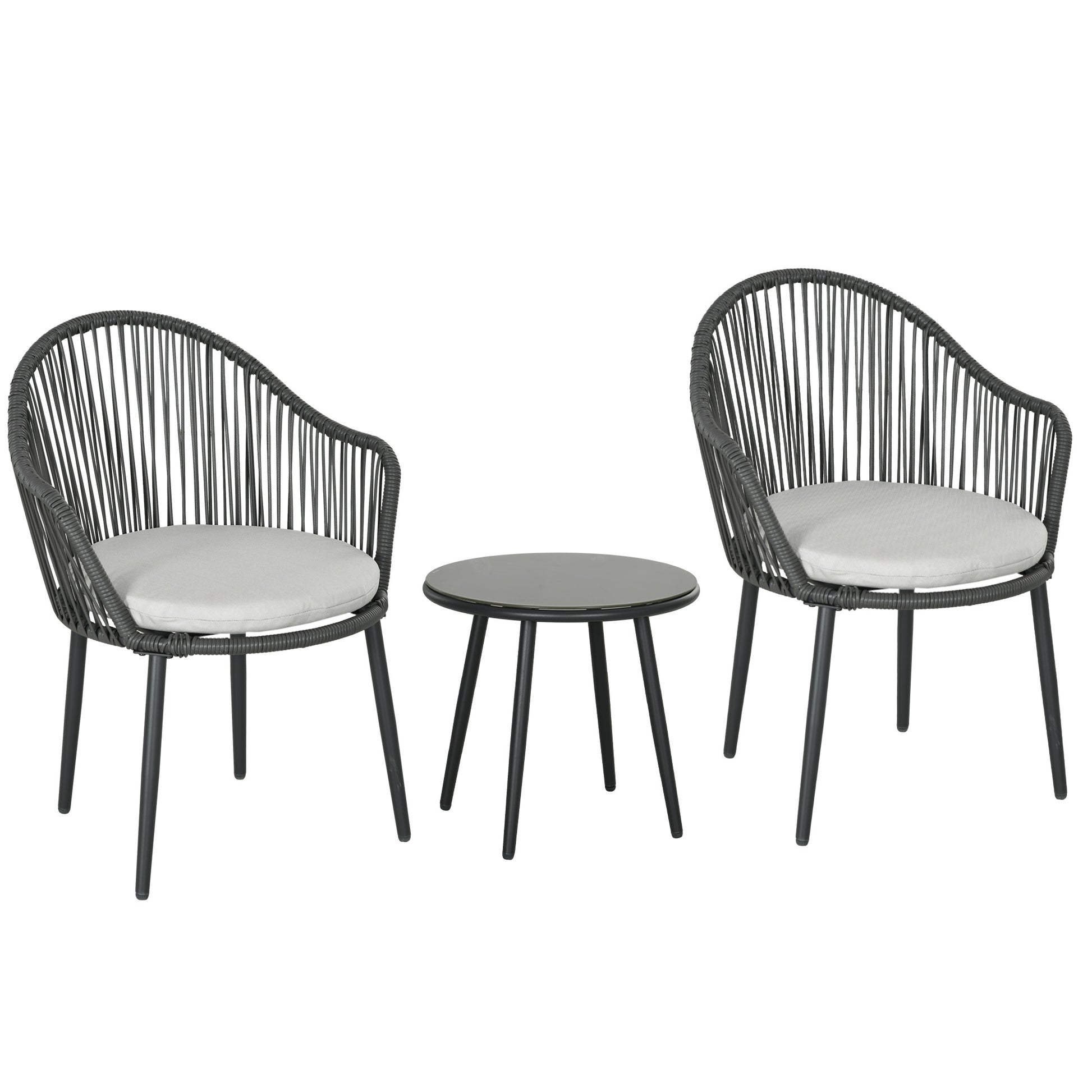 3-Piece Rattan Garden Furniture Set Seating Group, Patio Set with 2 Garden Chairs, Side Table with Tempered Glass Top, Cushions, for Balcony, Terrace, Steel, Dark Gray