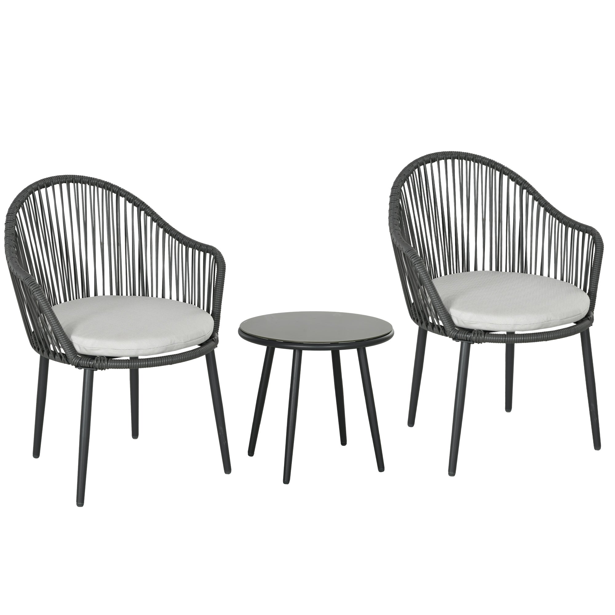 3-Piece Rattan Garden Furniture Set Seating Group, Patio Set with 2 Garden Chairs, Side Table with Tempered Glass Top, Cushions, for Balcony, Terrace, Steel, Dark Gray