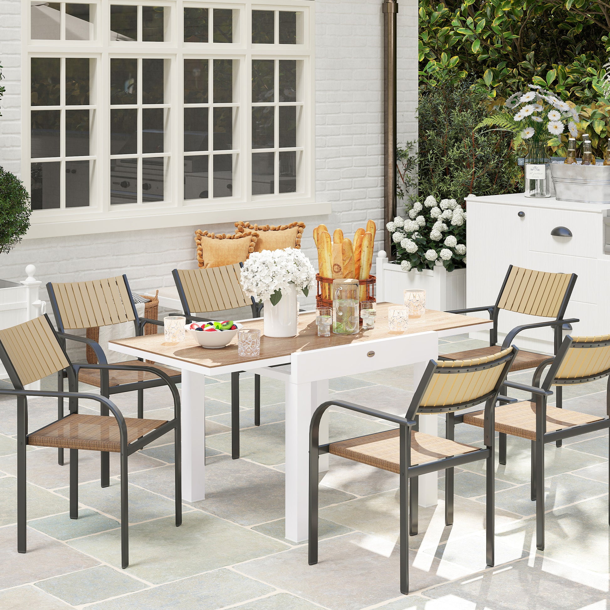 Extendable Garden Table 80/160x80x75 cm, Rectangular Extendable Dining Table for 4-6 People with Aluminum Frame and PSPC Top, For Patio, Terrace, Balcony, and Outdoor, White