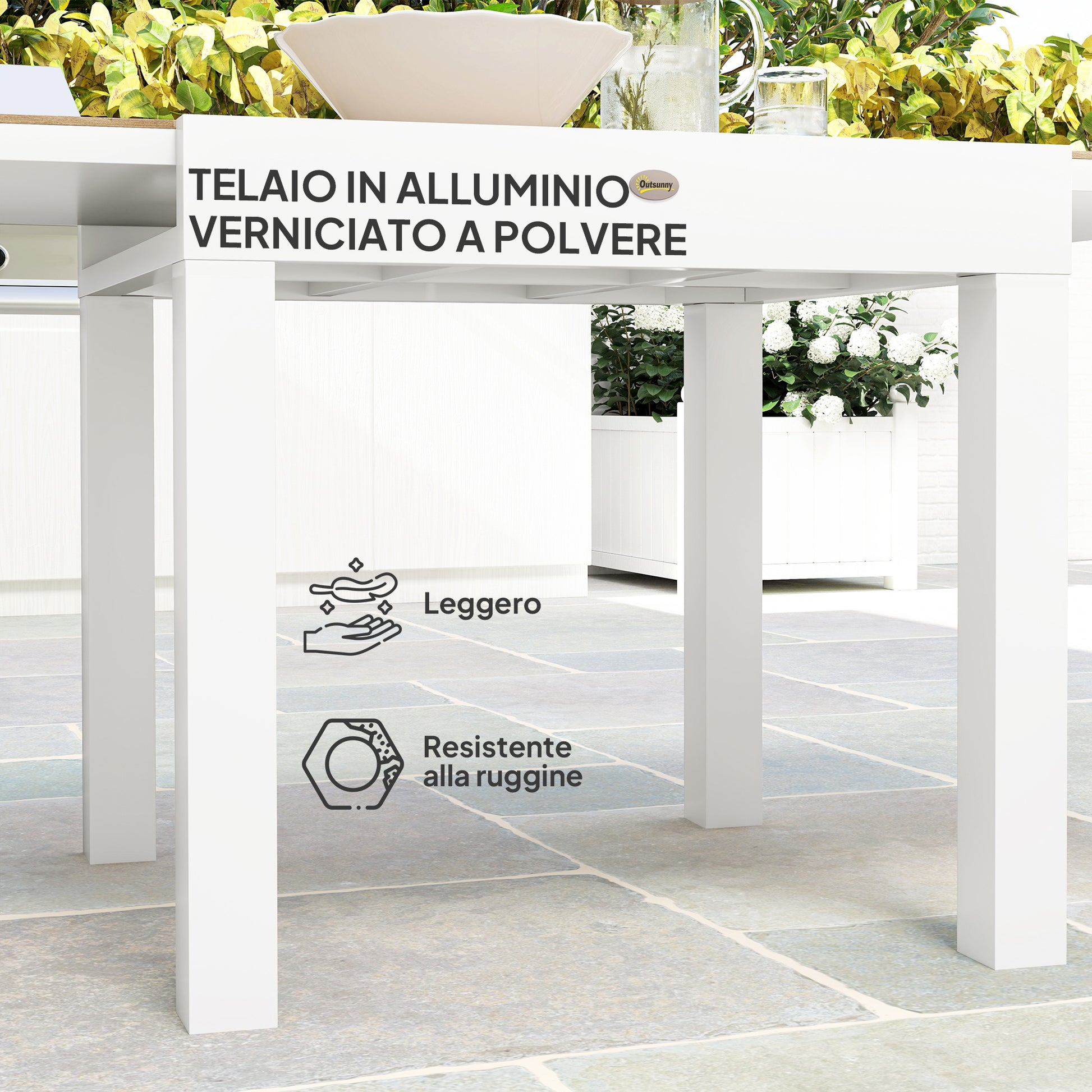 Extendable Garden Table 80/160x80x75 cm, Rectangular Extendable Dining Table for 4-6 People with Aluminum Frame and PSPC Top, For Patio, Terrace, Balcony, and Outdoor, White