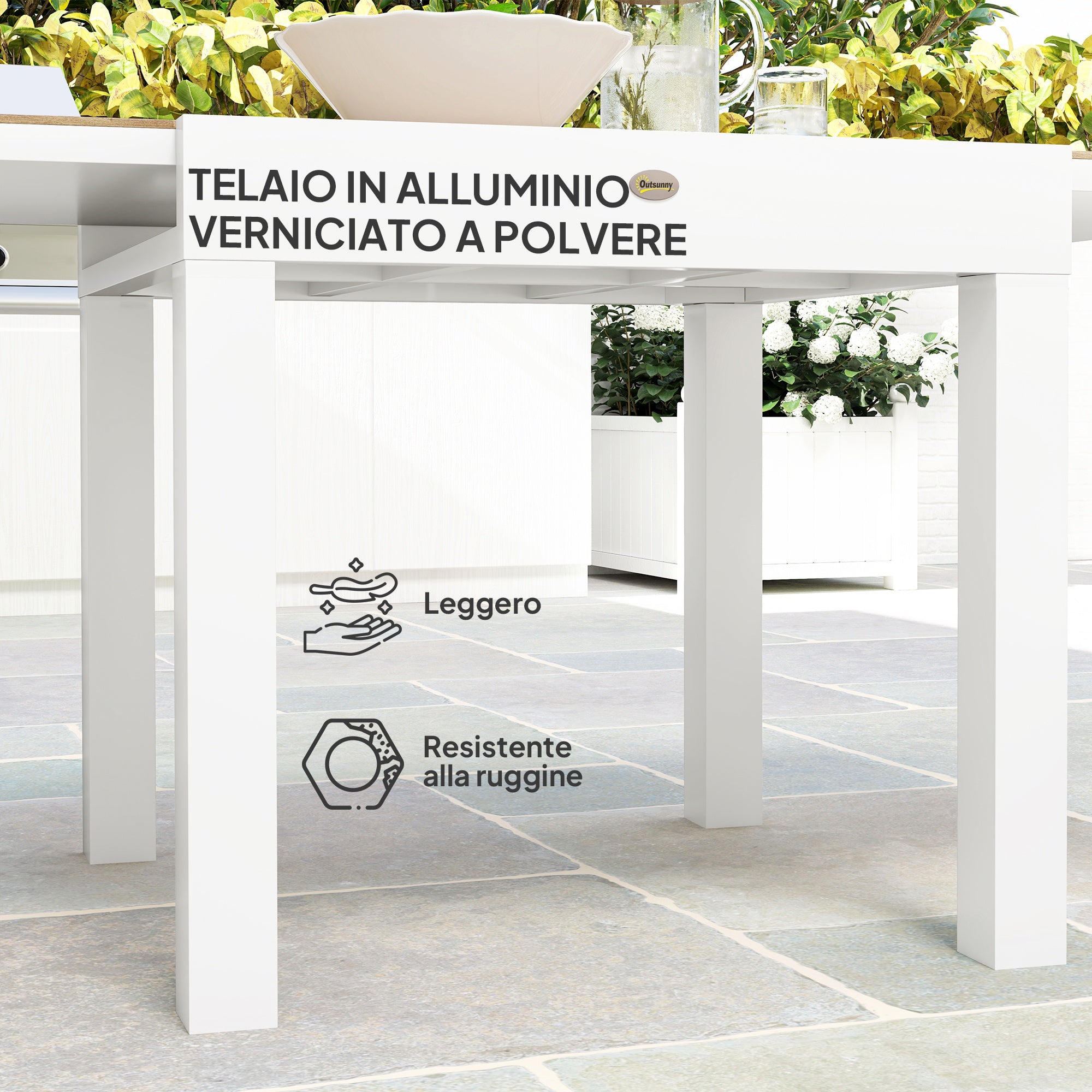 Extendable Garden Table 80/160x80x75 cm, Rectangular Extendable Dining Table for 4-6 People with Aluminum Frame and PSPC Top, For Patio, Terrace, Balcony, and Outdoor, White