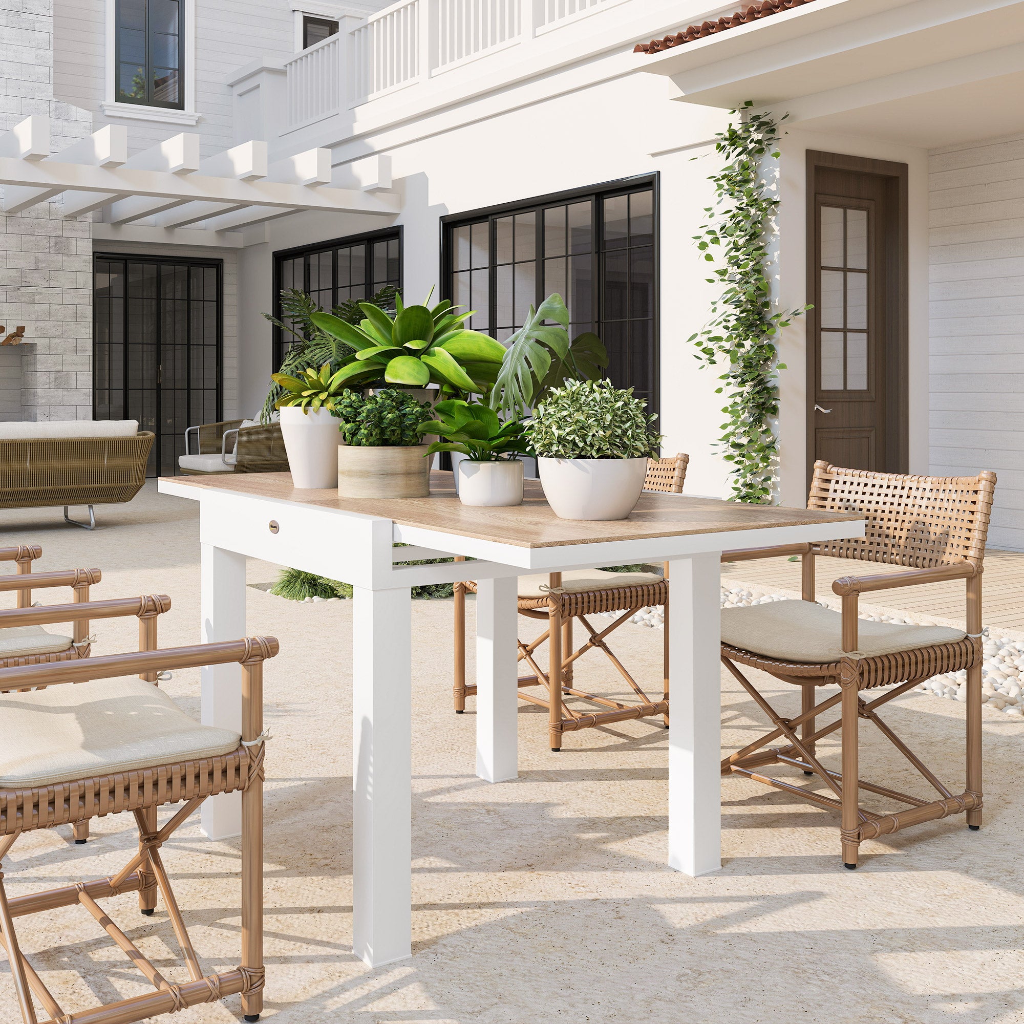 Extendable Garden Table 80/160x80x75 cm, Rectangular Extendable Dining Table for 4-6 People with Aluminum Frame and PSPC Top, For Patio, Terrace, Balcony, and Outdoor, White