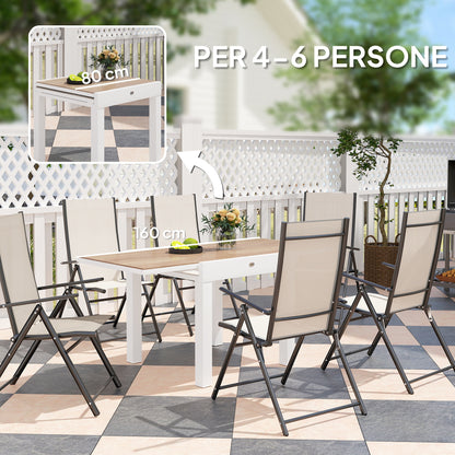 Extendable Garden Table 80/160x80x75 cm, Rectangular Extendable Dining Table for 4-6 People with Aluminum Frame and PSPC Top, For Patio, Terrace, Balcony, and Outdoor, White