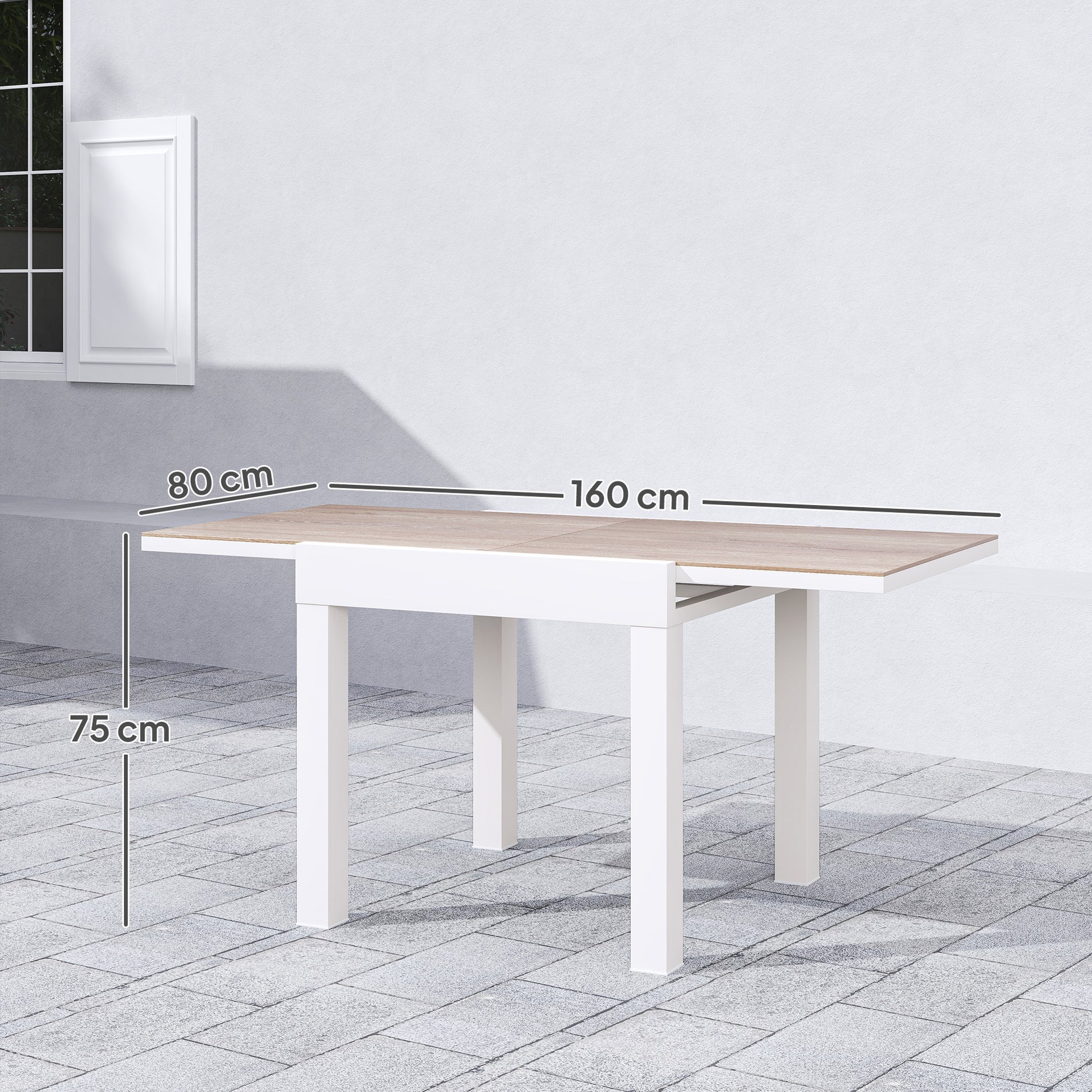 Extendable Garden Table 80/160x80x75 cm, Rectangular Extendable Dining Table for 4-6 People with Aluminum Frame and PSPC Top, For Patio, Terrace, Balcony, and Outdoor, White