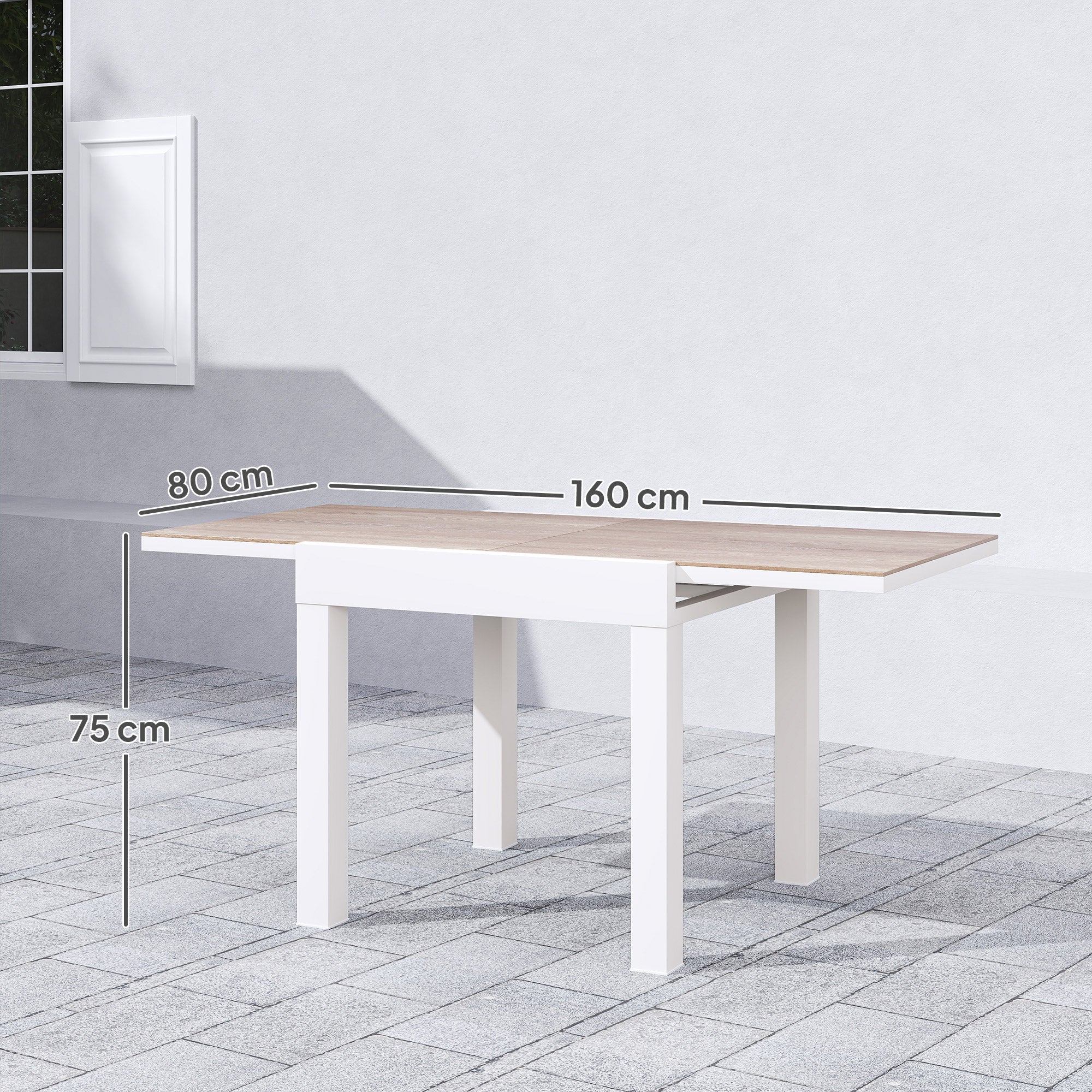 Extendable Garden Table 80/160x80x75 cm, Rectangular Extendable Dining Table for 4-6 People with Aluminum Frame and PSPC Top, For Patio, Terrace, Balcony, and Outdoor, White