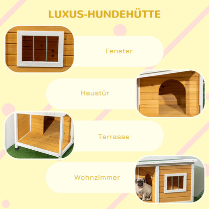 Dog House, Pine Wood, Dog House with Terrace and Foldable Asphalt Roof, Hut for Small Dogs, Indoor, Outdoor, Weatherproof, Orange, 85.5 x 62 x 60 cm