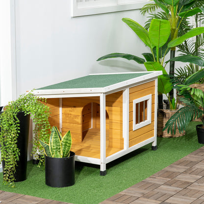 Dog House, Pine Wood, Dog House with Terrace and Foldable Asphalt Roof, Hut for Small Dogs, Indoor, Outdoor, Weatherproof, Orange, 85.5 x 62 x 60 cm