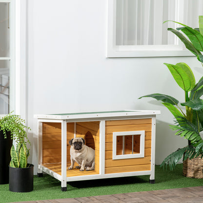 Dog House, Pine Wood, Dog House with Terrace and Foldable Asphalt Roof, Hut for Small Dogs, Indoor, Outdoor, Weatherproof, Orange, 85.5 x 62 x 60 cm