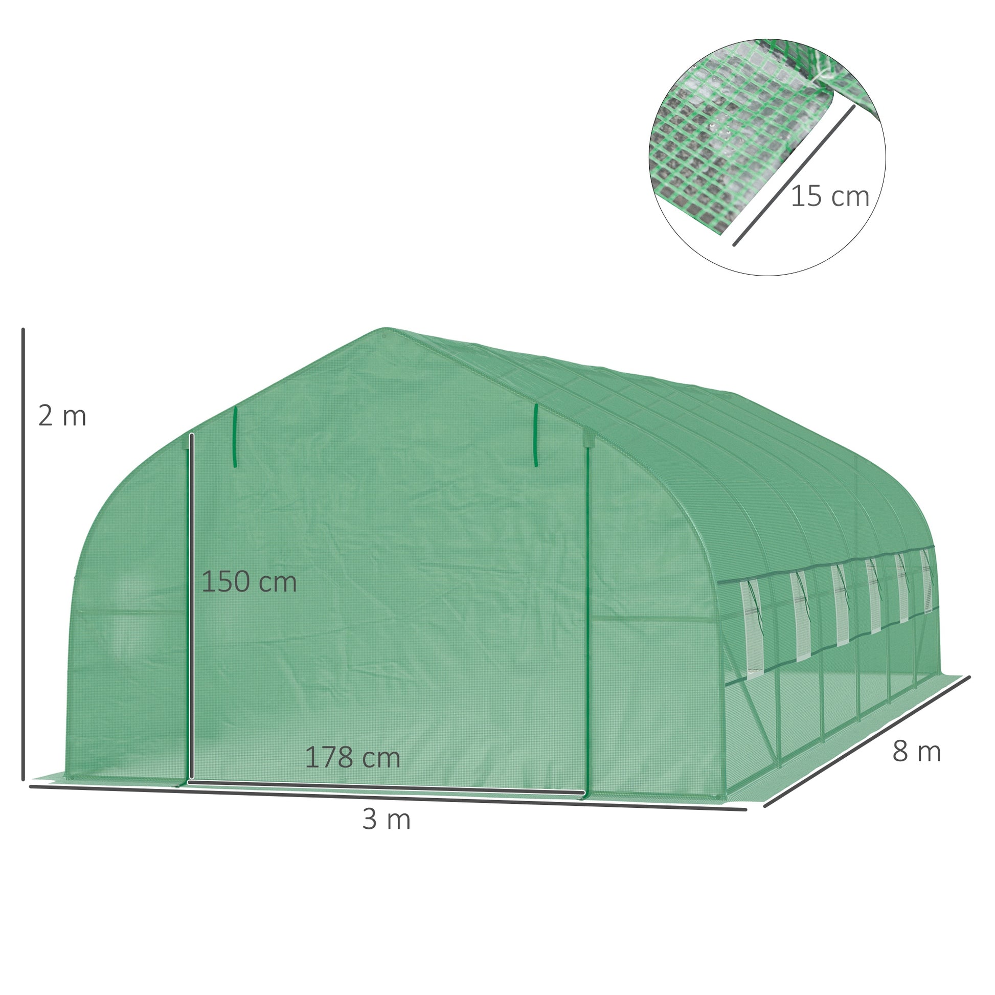 Outdoor Greenhouse Tunnel Greenhouse 8x3x2 m Garden Greenhouse with 12 Windows and Roll-Up Door for Growing Plants Tomatoes Vegetables Steel and PE 140 g/m² Green