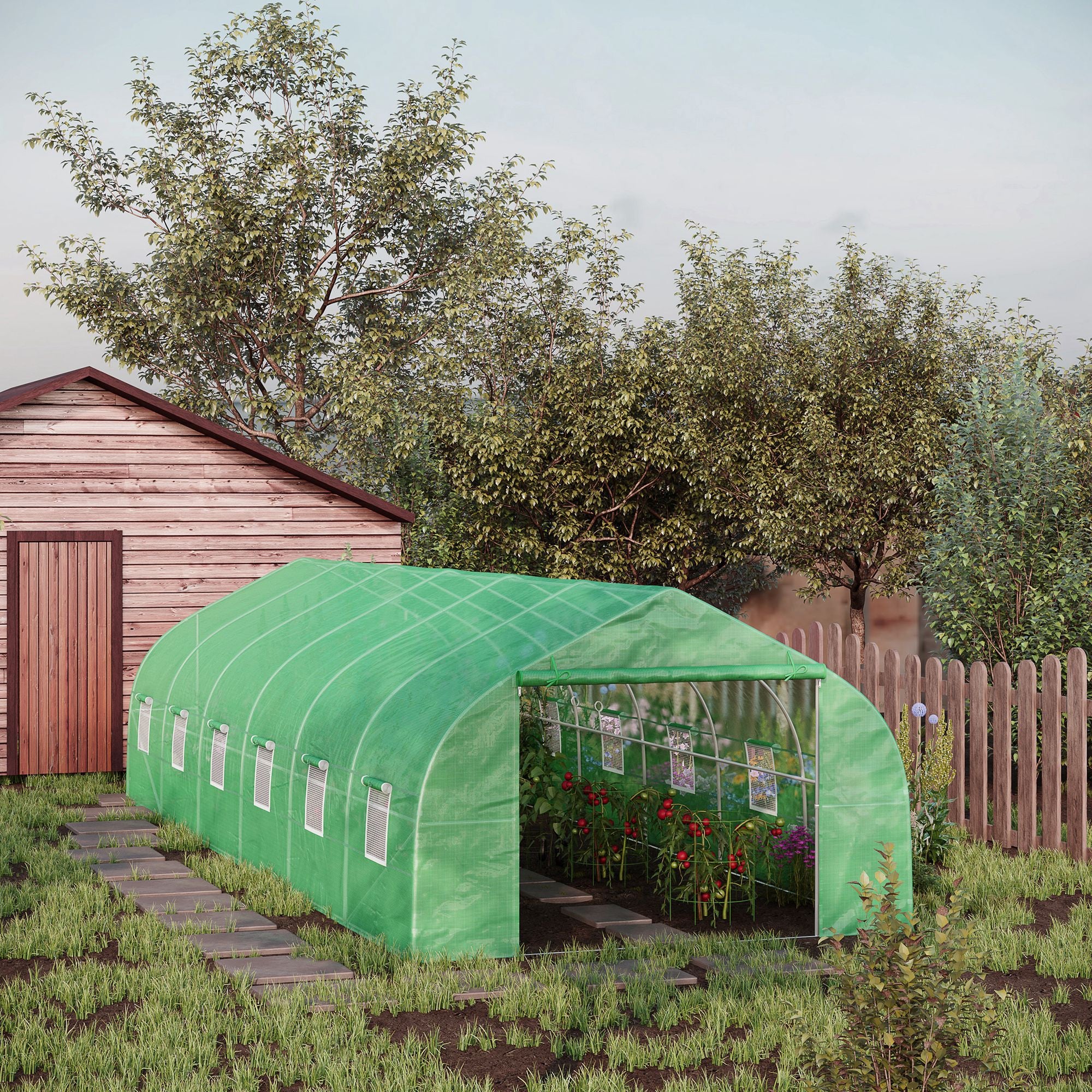 Outdoor Greenhouse Tunnel Greenhouse 8x3x2 m Garden Greenhouse with 12 Windows and Roll-Up Door for Growing Plants Tomatoes Vegetables Steel and PE 140 g/m² Green