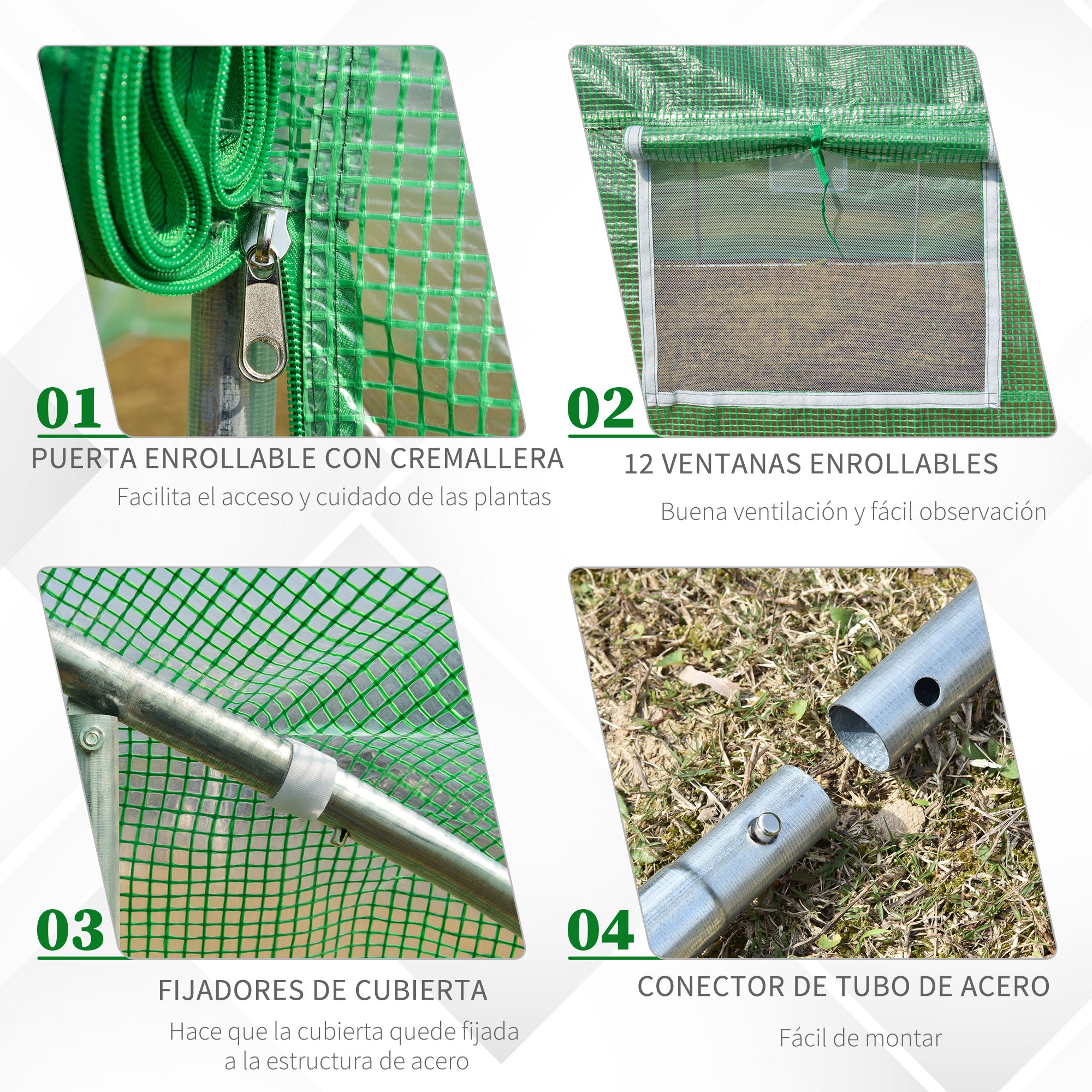 Outdoor Greenhouse Tunnel Greenhouse 8x3x2 m Garden Greenhouse with 12 Windows and Roll-Up Door for Growing Plants Tomatoes Vegetables Steel and PE 140 g/m² Green