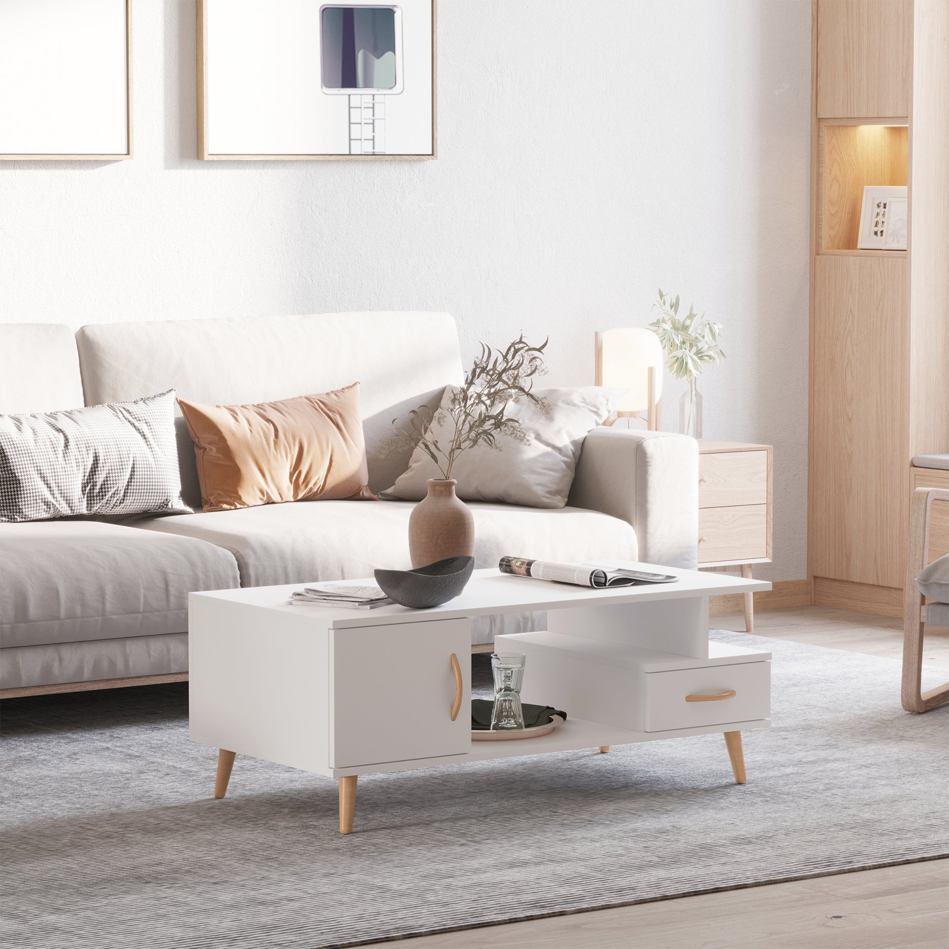 Rectangular Scandinavian Design Coffee Table 100L x 50W x 40H cm Niche + Drawer & Cupboard Solid Pine Wood Particle Boards White