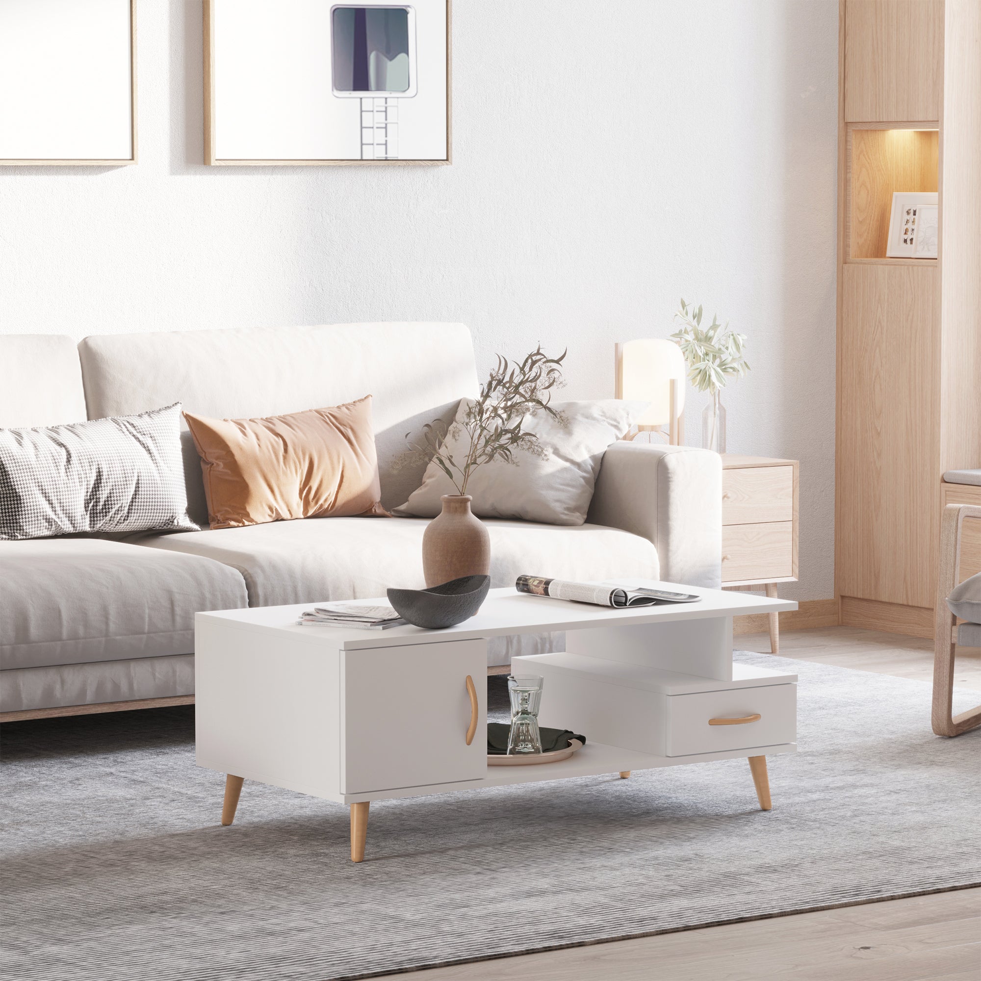 Rectangular Scandinavian Design Coffee Table 100L x 50W x 40H cm Niche + Drawer & Cupboard Solid Pine Wood Particle Boards White