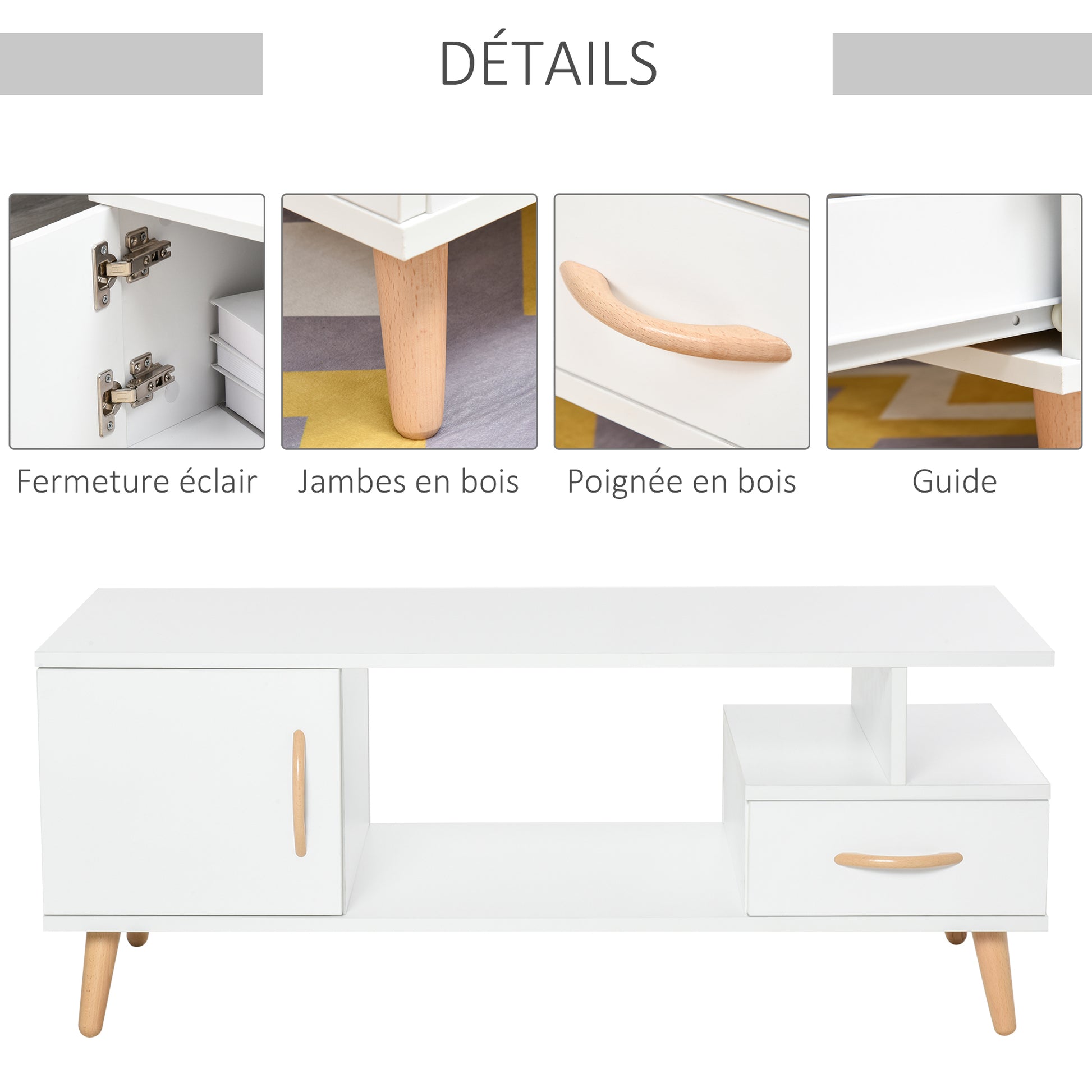 Rectangular Scandinavian Design Coffee Table 100L x 50W x 40H cm Niche + Drawer & Cupboard Solid Pine Wood Particle Boards White