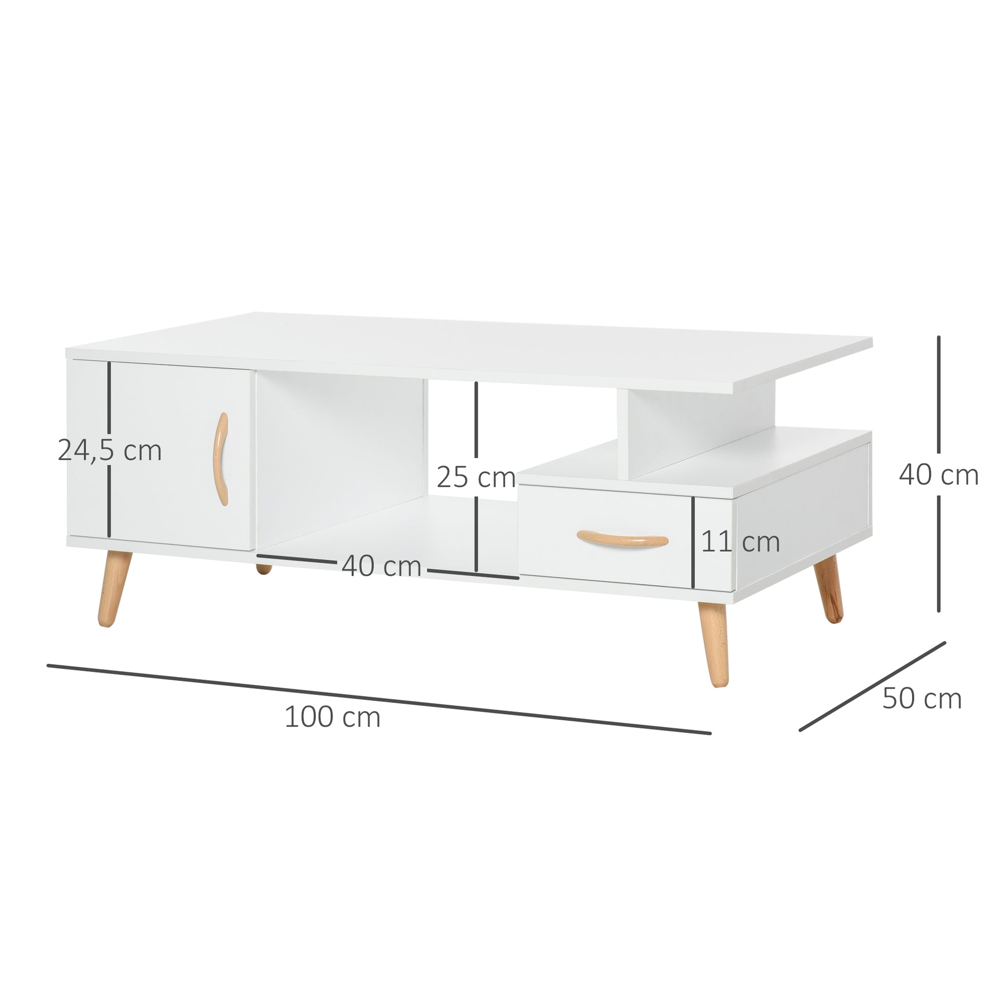 Rectangular Scandinavian Design Coffee Table 100L x 50W x 40H cm Niche + Drawer & Cupboard Solid Pine Wood Particle Boards White