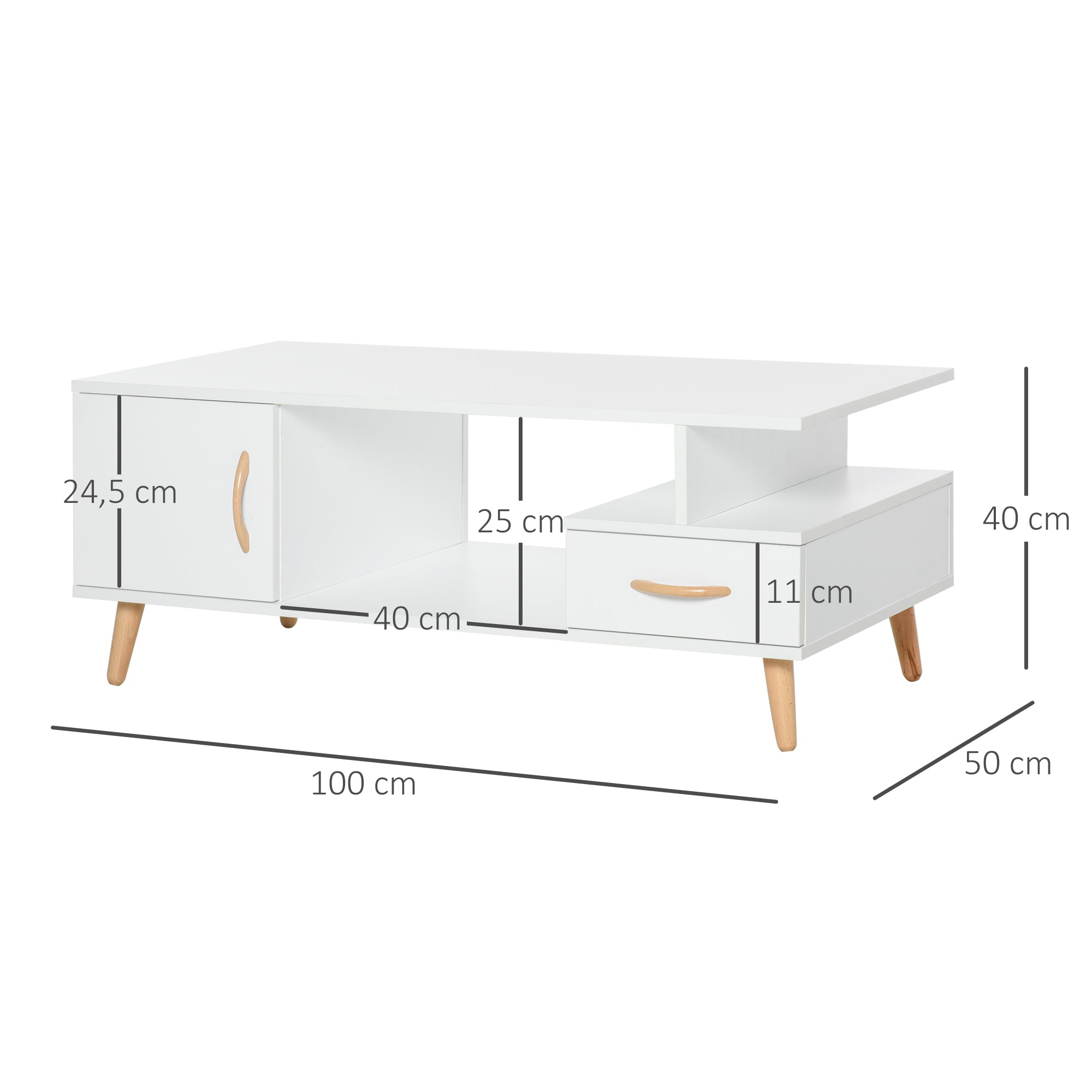 Rectangular Scandinavian Design Coffee Table 100L x 50W x 40H cm Niche + Drawer & Cupboard Solid Pine Wood Particle Boards White