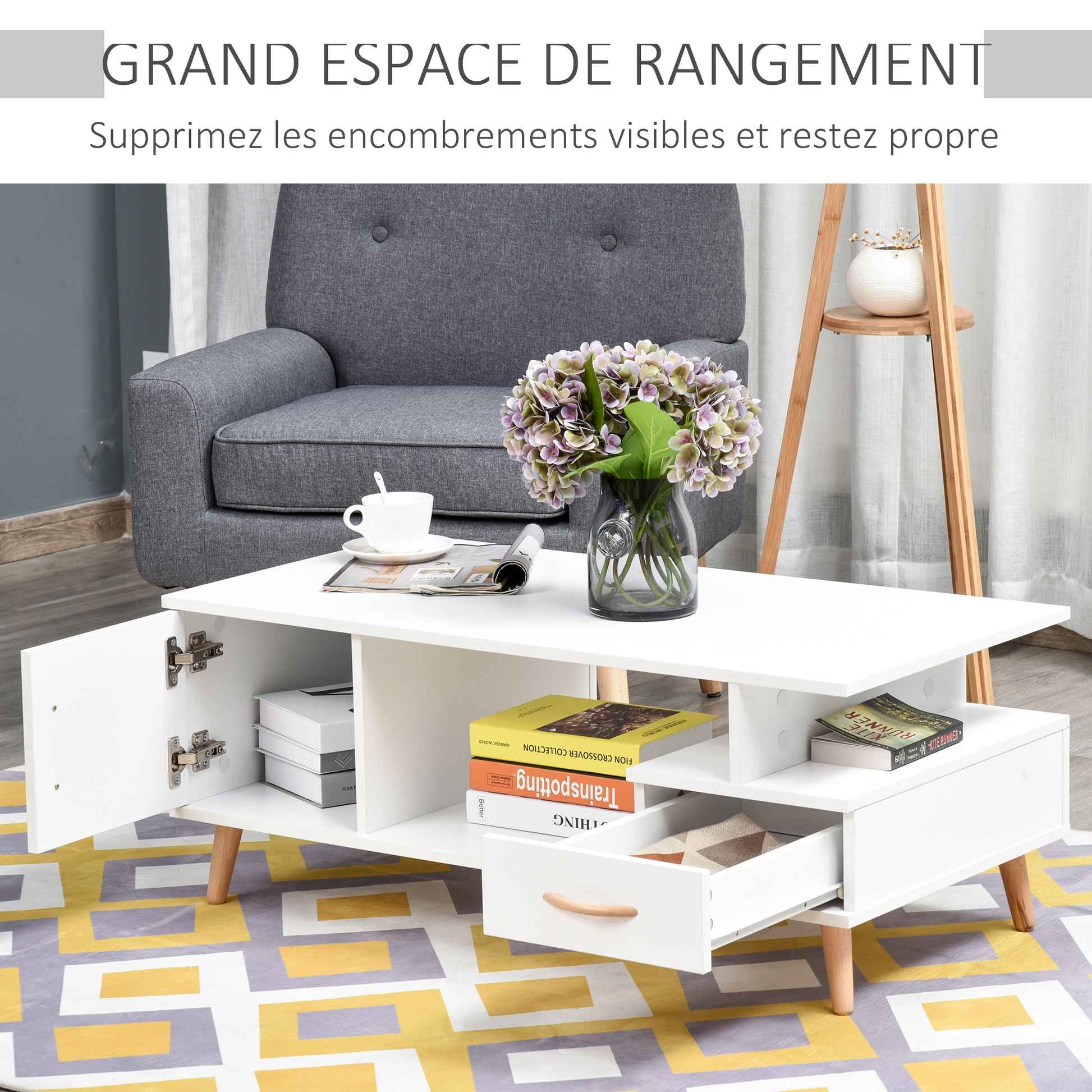 Rectangular Scandinavian Design Coffee Table 100L x 50W x 40H cm Niche + Drawer & Cupboard Solid Pine Wood Particle Boards White