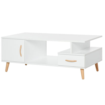 Rectangular Scandinavian Design Coffee Table 100L x 50W x 40H cm Niche + Drawer & Cupboard Solid Pine Wood Particle Boards White