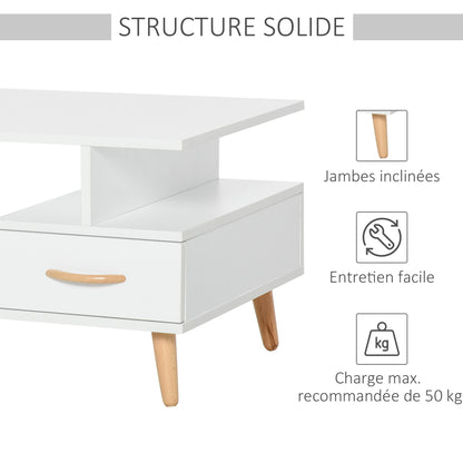 Rectangular Scandinavian Design Coffee Table 100L x 50W x 40H cm Niche + Drawer & Cupboard Solid Pine Wood Particle Boards White