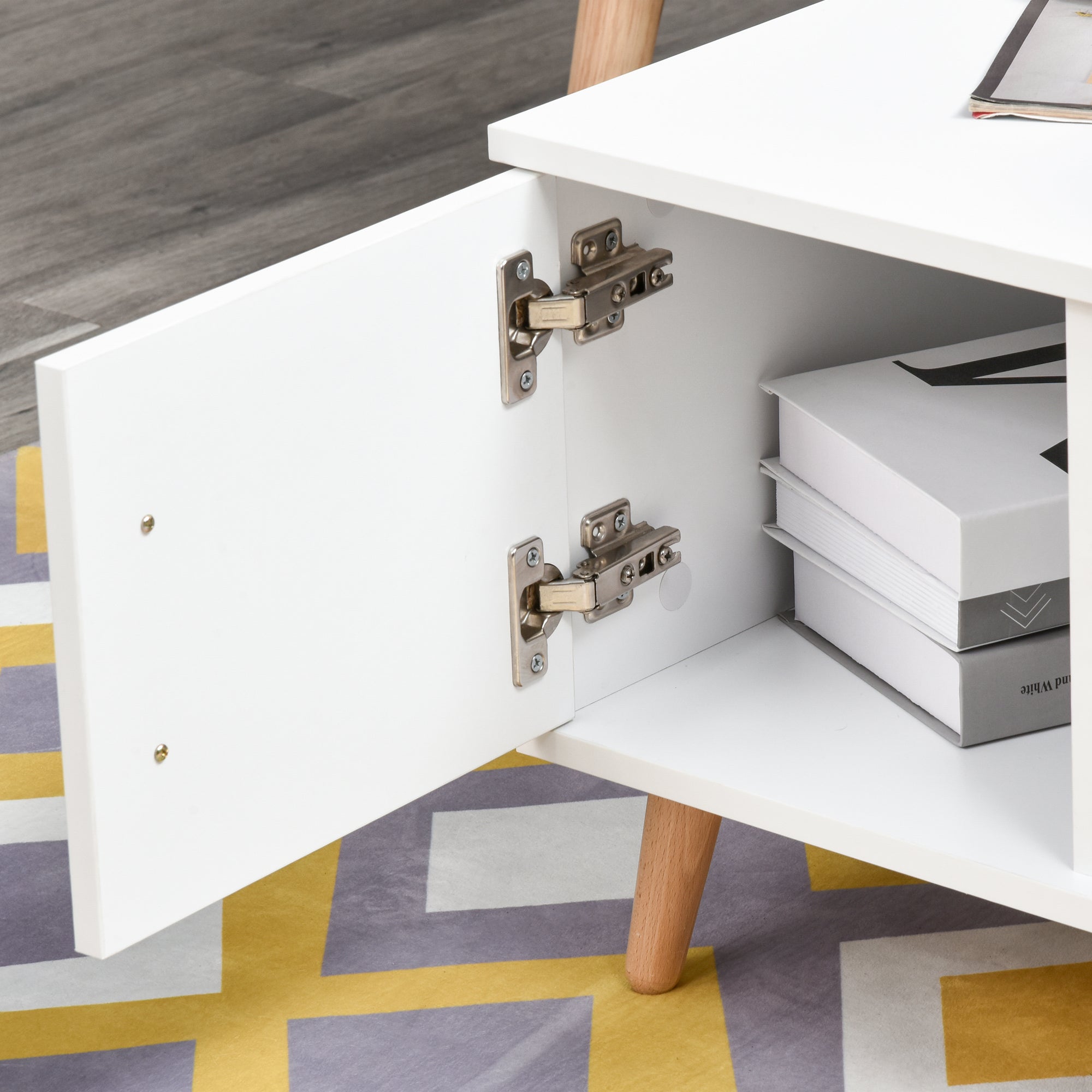Rectangular Scandinavian Design Coffee Table 100L x 50W x 40H cm Niche + Drawer & Cupboard Solid Pine Wood Particle Boards White