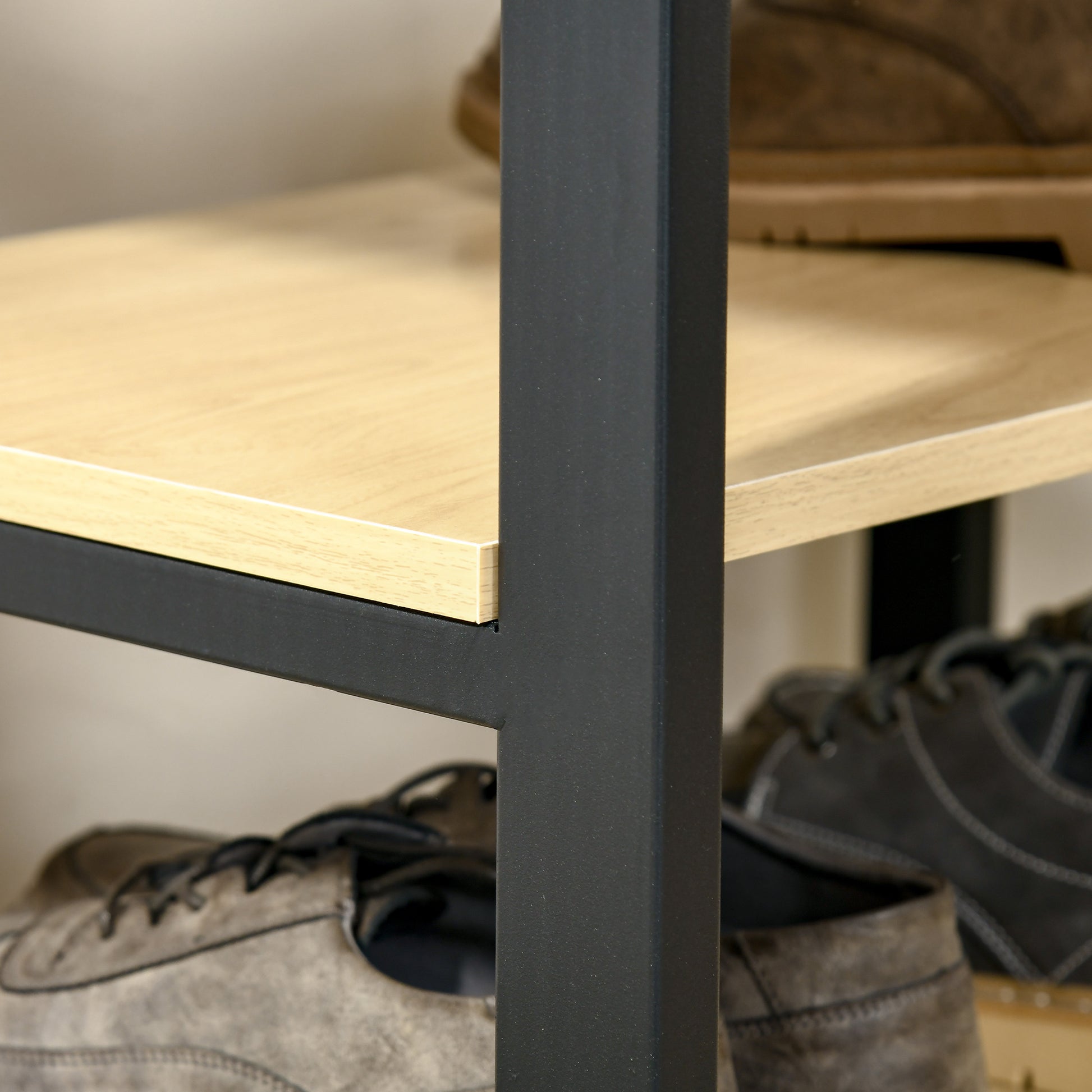 Coat Rack with Bench Metal Shoe Rack with 3 Shelves and 4 Hooks for Hanging Clothes for Hallway Entryway 60x40x175 cm Black and Natural