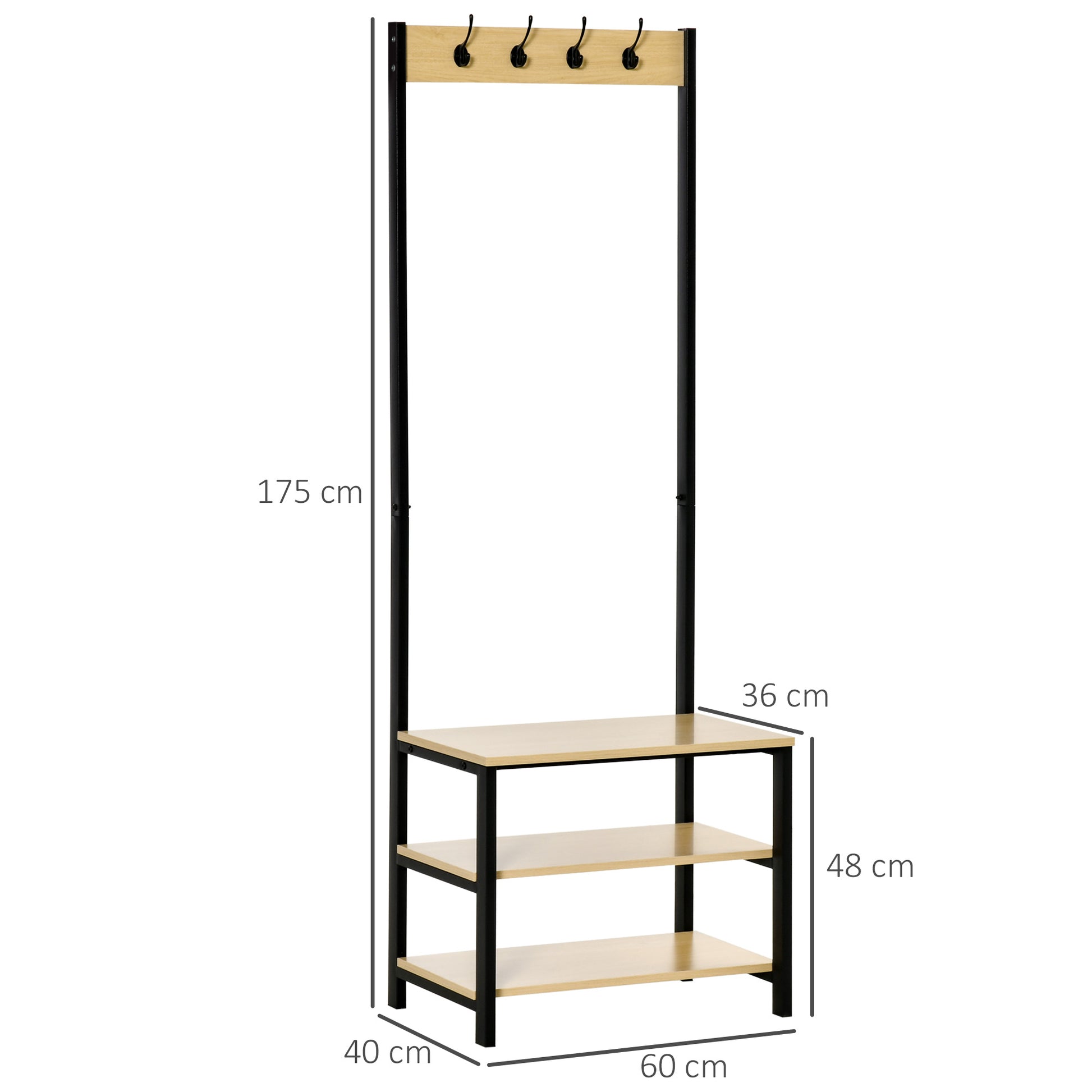 Coat Rack with Bench Metal Shoe Rack with 3 Shelves and 4 Hooks for Hanging Clothes for Hallway Entryway 60x40x175 cm Black and Natural