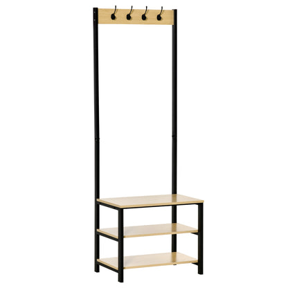 Coat Rack with Bench Metal Shoe Rack with 3 Shelves and 4 Hooks for Hanging Clothes for Hallway Entryway 60x40x175 cm Black and Natural