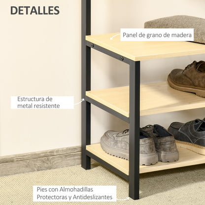 Coat Rack with Bench Metal Shoe Rack with 3 Shelves and 4 Hooks for Hanging Clothes for Hallway Entryway 60x40x175 cm Black and Natural