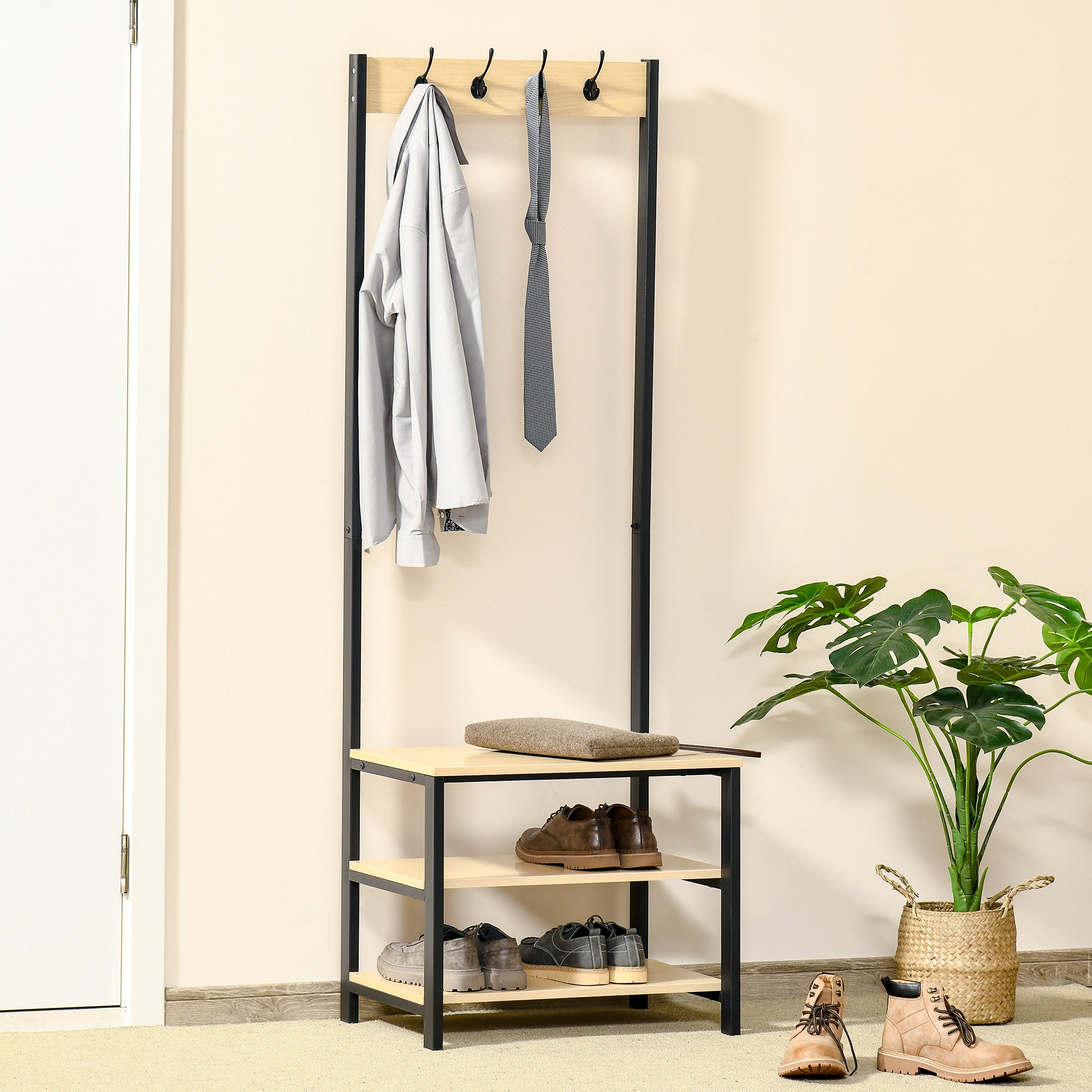 Coat Rack with Bench Metal Shoe Rack with 3 Shelves and 4 Hooks for Hanging Clothes for Hallway Entryway 60x40x175 cm Black and Natural