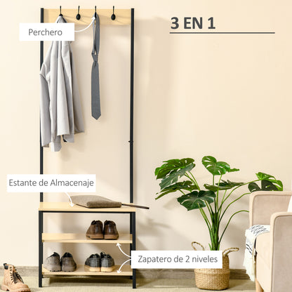 Coat Rack with Bench Metal Shoe Rack with 3 Shelves and 4 Hooks for Hanging Clothes for Hallway Entryway 60x40x175 cm Black and Natural