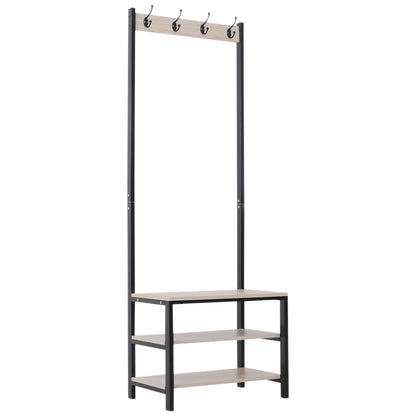 Coat Rack with Bench Metal Shoe Rack with 3 Shelves and 4 Hooks for Hanging Clothes for Hallway Entryway 60x40x175 cm Black and Natural