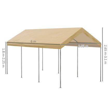 Adjustable Height Steel and PE Garden Canopy for Small and Medium Cars with Stakes and Ropes Included, 600x295x265-310 cm, Beige