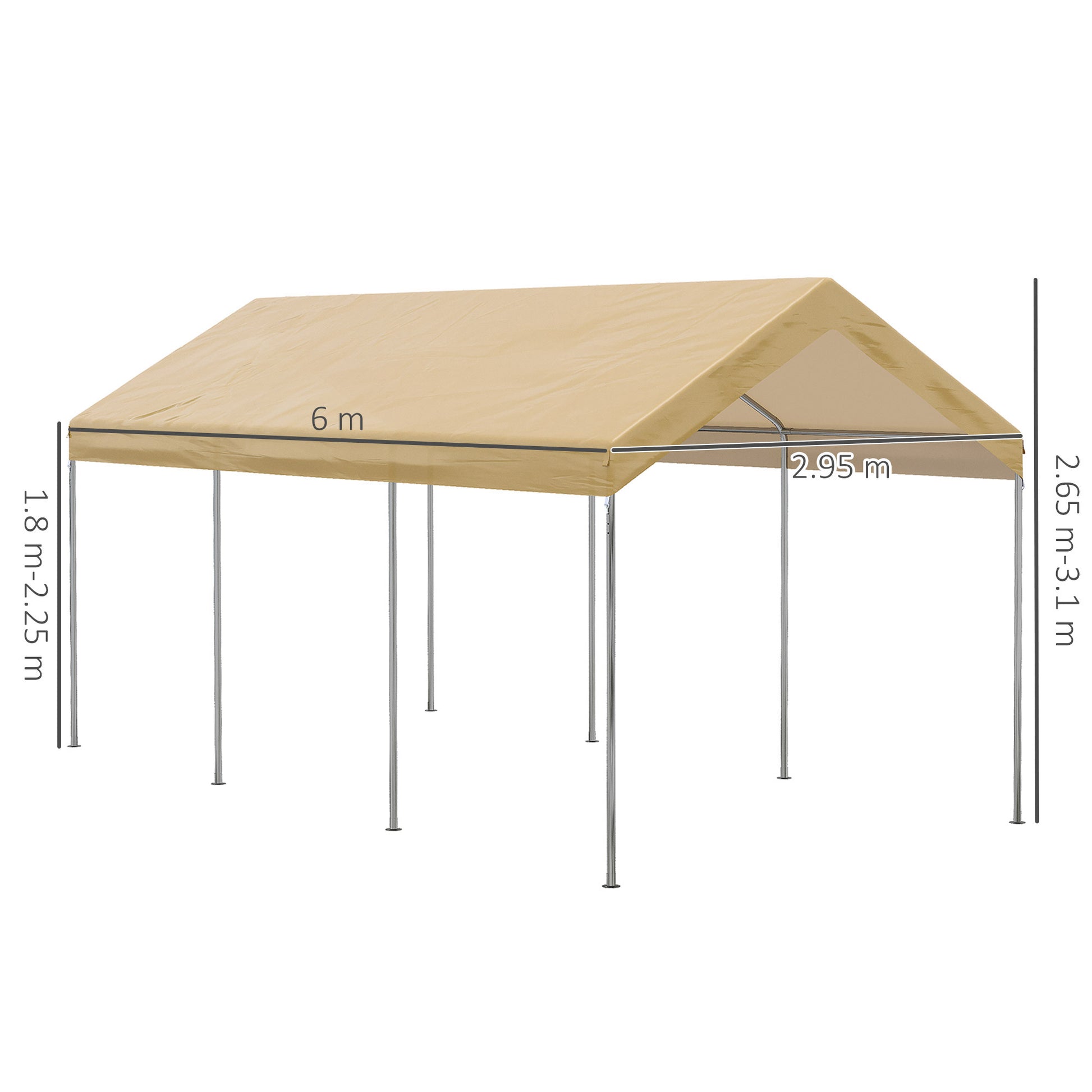 Adjustable Height Steel and PE Garden Canopy for Small and Medium Cars with Stakes and Ropes Included, 600x295x265-310 cm, Beige