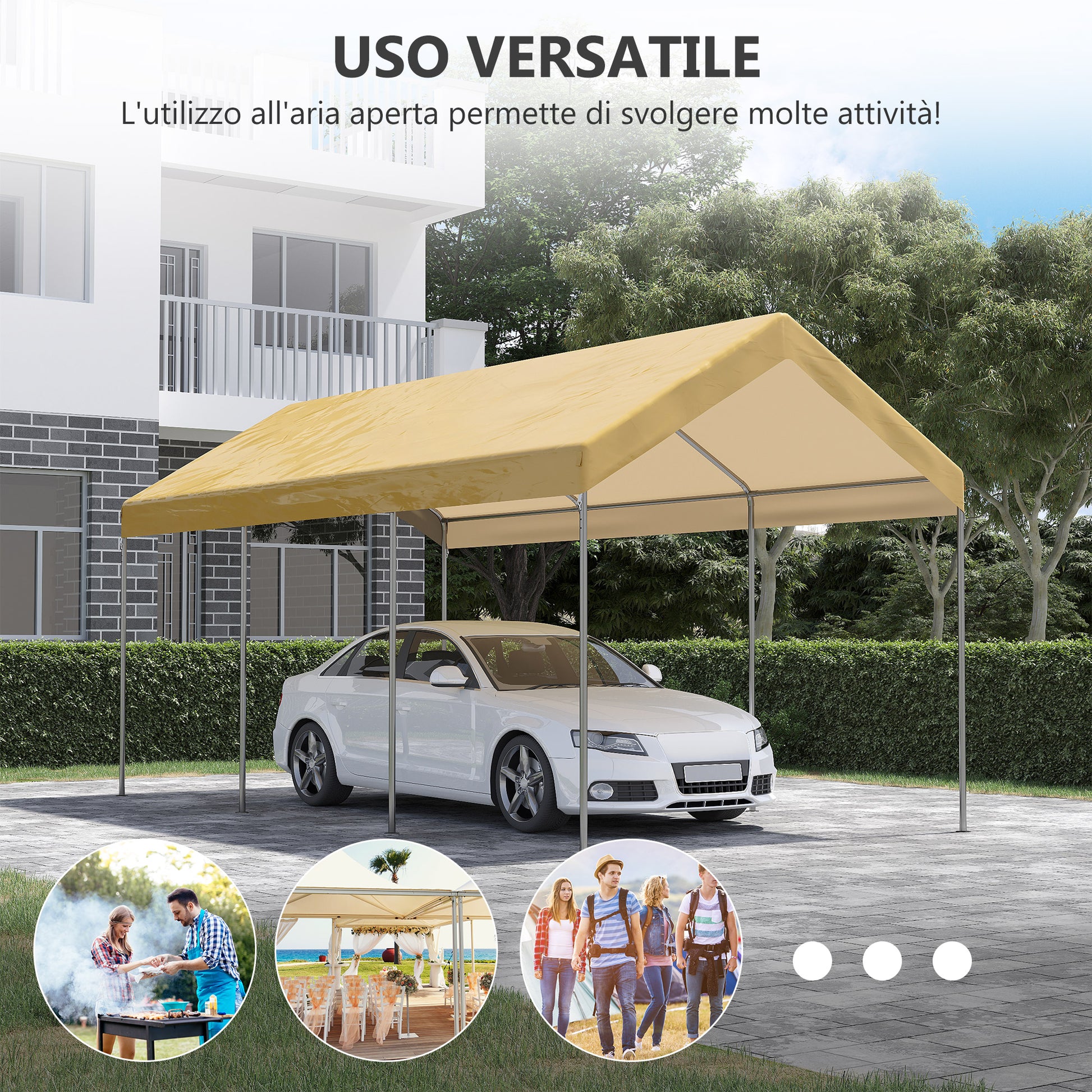 Adjustable Height Steel and PE Garden Canopy for Small and Medium Cars with Stakes and Ropes Included, 600x295x265-310 cm, Beige