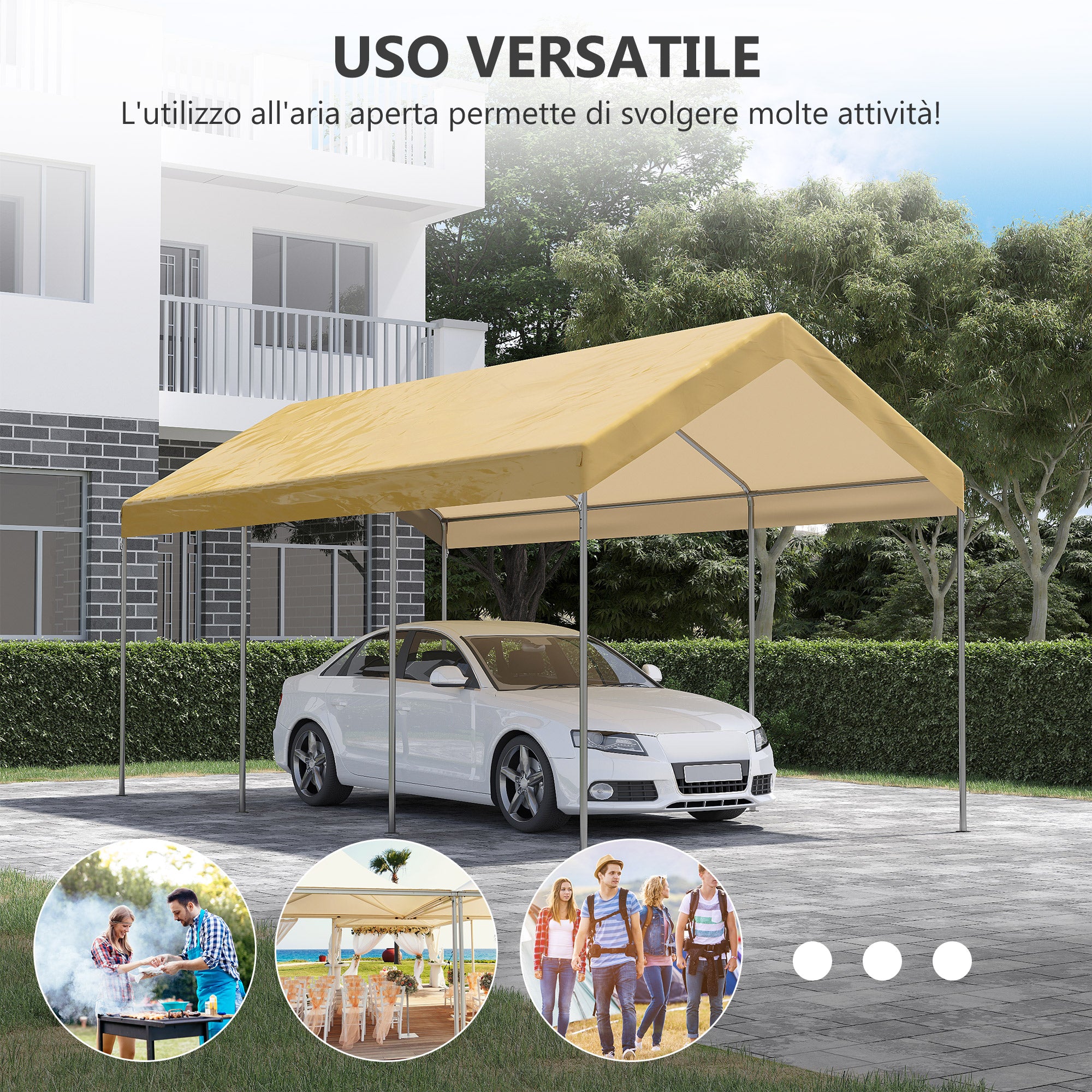 Adjustable Height Steel and PE Garden Canopy for Small and Medium Cars with Stakes and Ropes Included, 600x295x265-310 cm, Beige