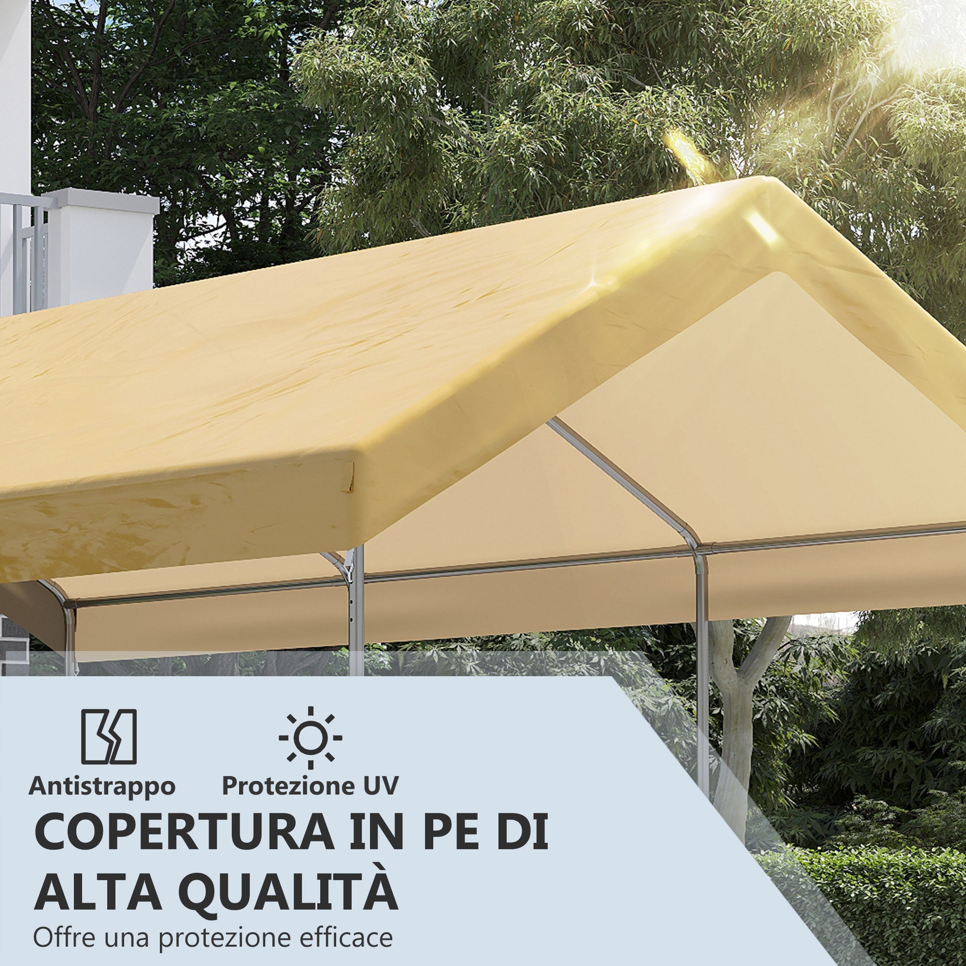 Adjustable Height Steel and PE Garden Canopy for Small and Medium Cars with Stakes and Ropes Included, 600x295x265-310 cm, Beige
