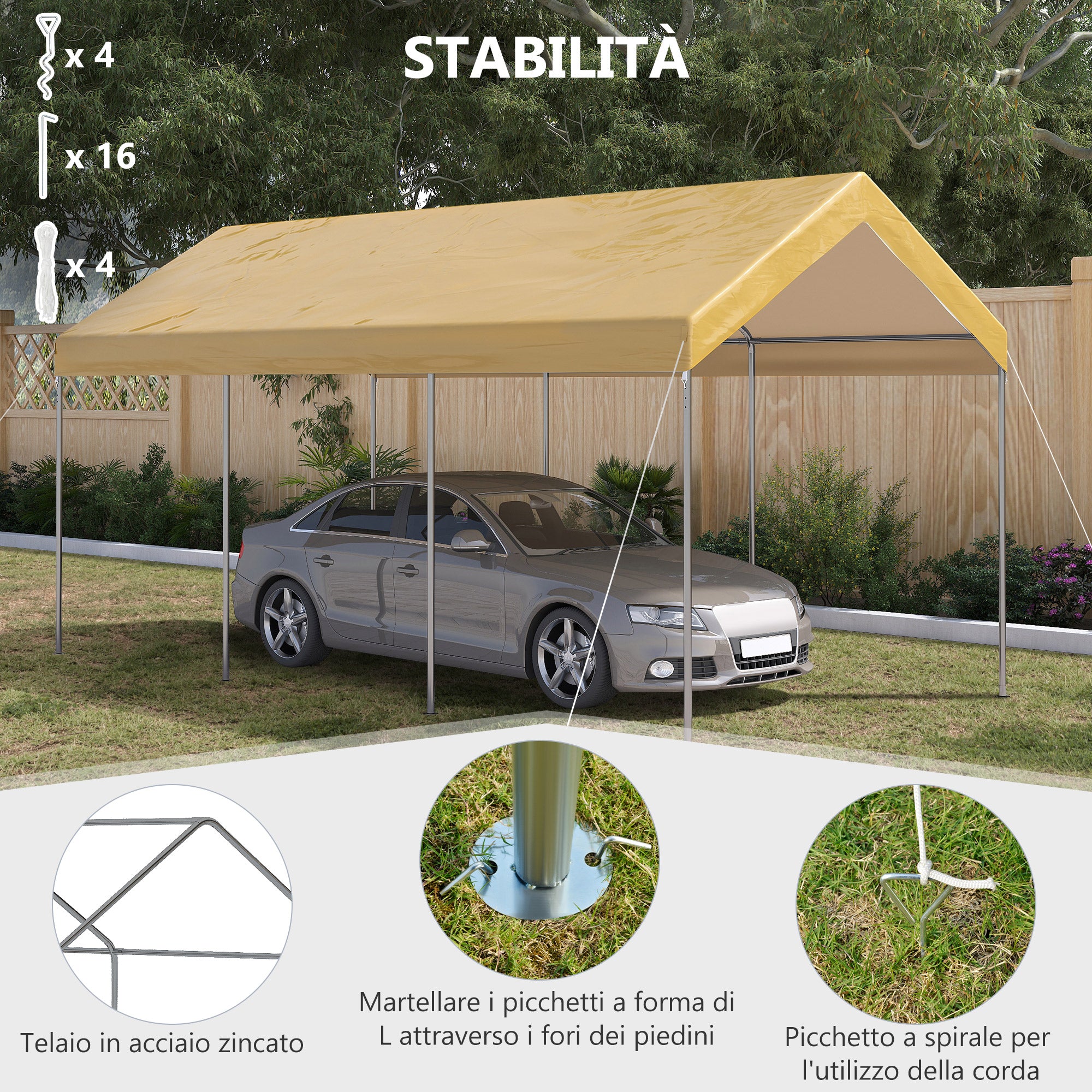 Adjustable Height Steel and PE Garden Canopy for Small and Medium Cars with Stakes and Ropes Included, 600x295x265-310 cm, Beige