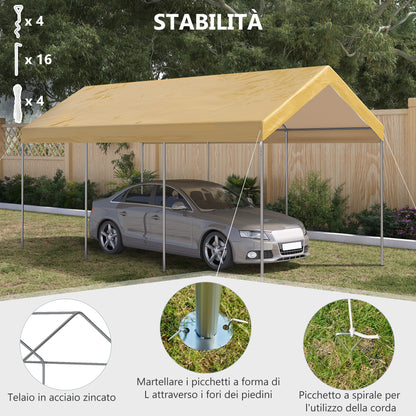 Adjustable Height Steel and PE Garden Canopy for Small and Medium Cars with Stakes and Ropes Included, 600x295x265-310 cm, Beige