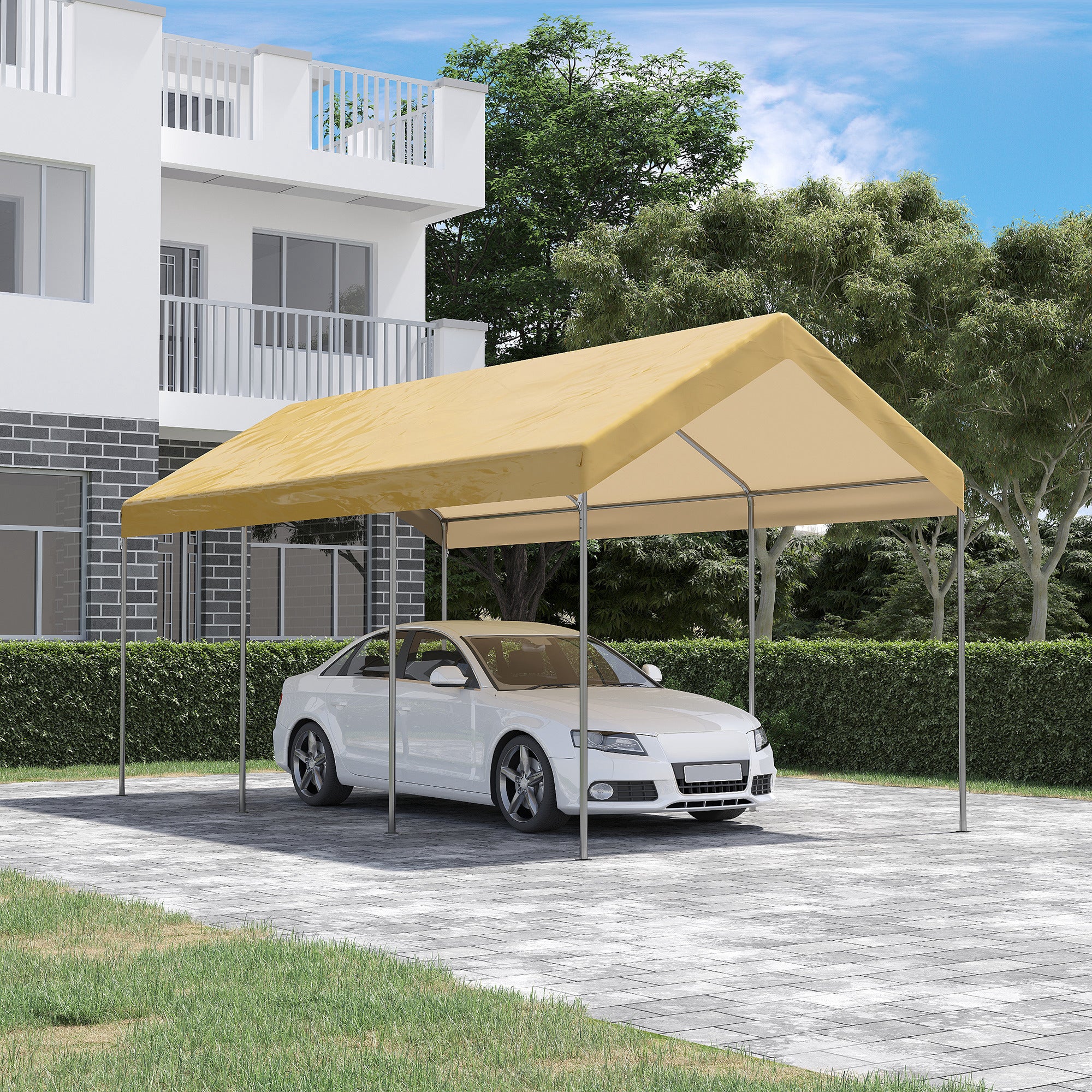 Adjustable Height Steel and PE Garden Canopy for Small and Medium Cars with Stakes and Ropes Included, 600x295x265-310 cm, Beige