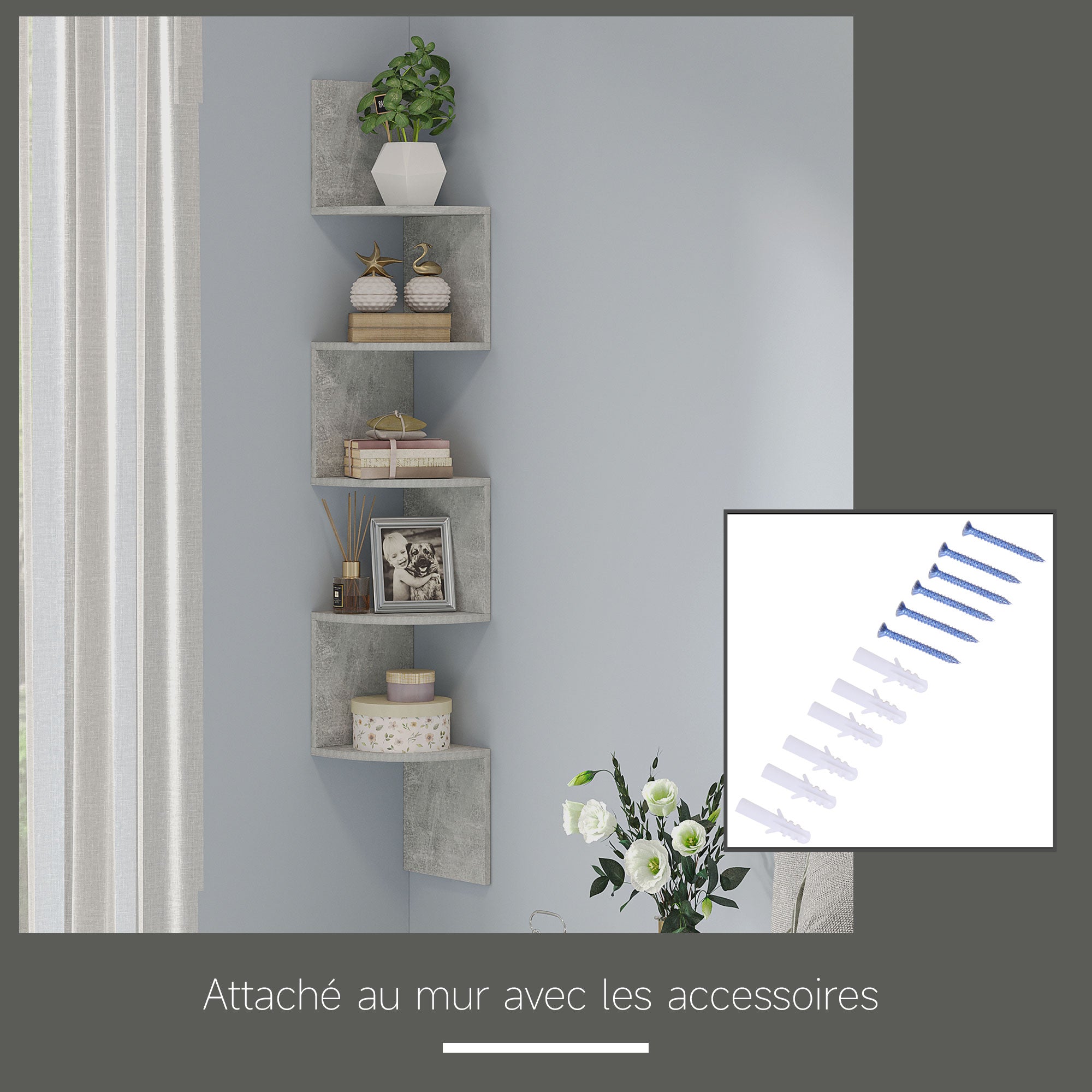 Zigzag Shape Wall Mount Corner Storage Shelf 20L x 20W x 126H cm 5 Levels Wood Gray