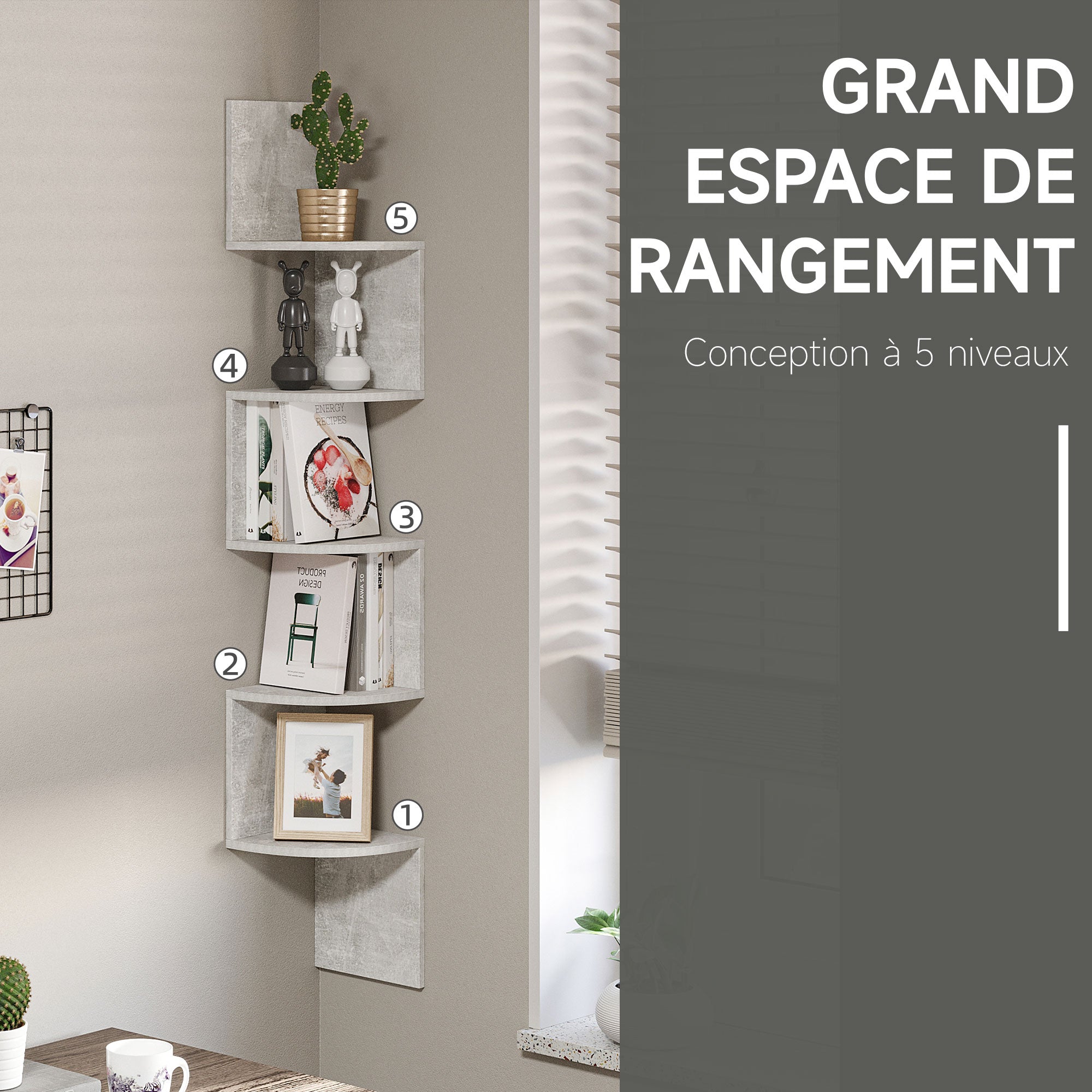 Zigzag Shape Wall Mount Corner Storage Shelf 20L x 20W x 126H cm 5 Levels Wood Gray
