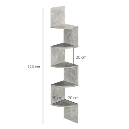 Zigzag Shape Wall Mount Corner Storage Shelf 20L x 20W x 126H cm 5 Levels Wood Gray