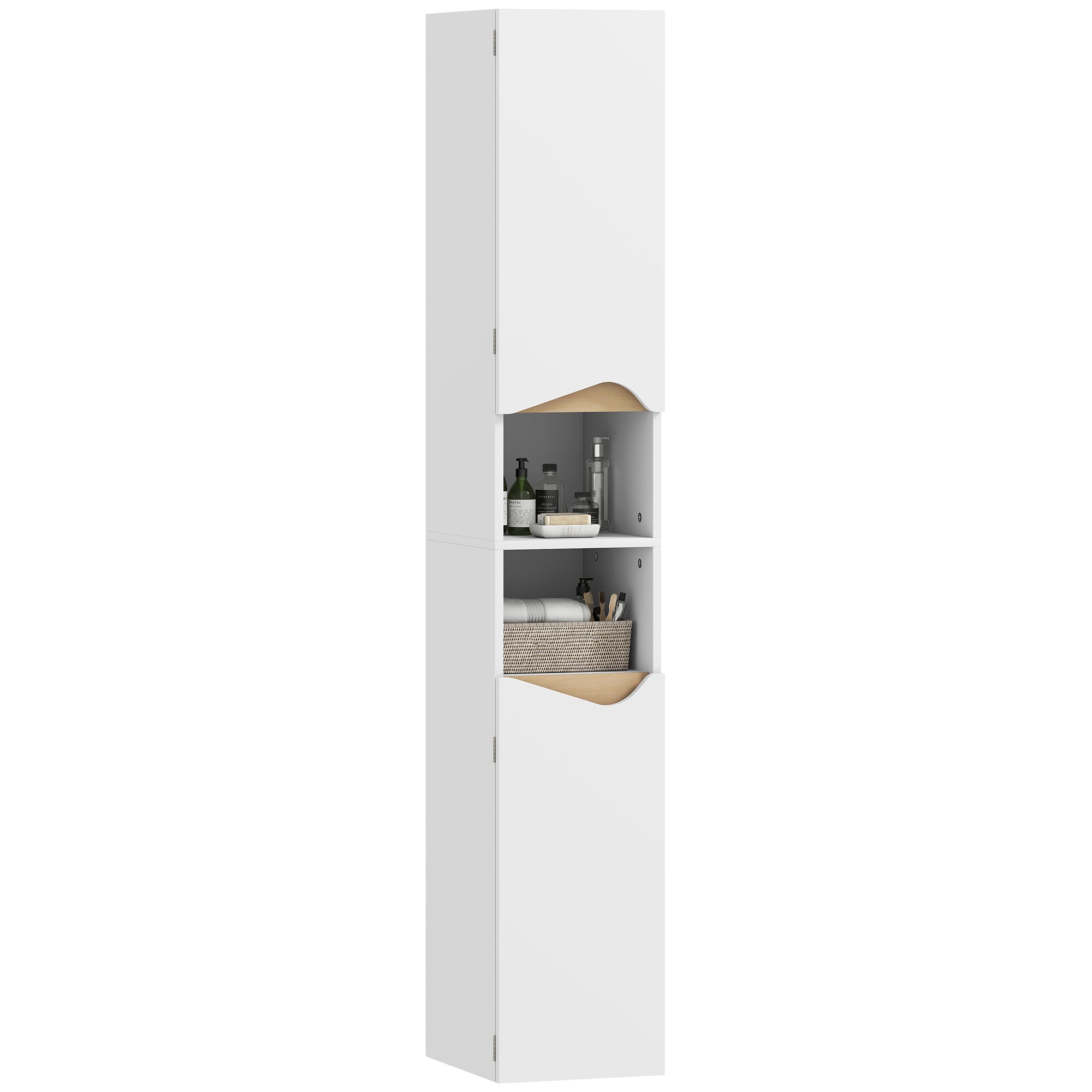 Slim Tall Bathroom Cabinet — 2 Doors, 2 Open Compartments & Adjustable Shelves, White/Natural, 11.8 x 13.6 x 71.7 in (30 x 34.6 x 182 cm)