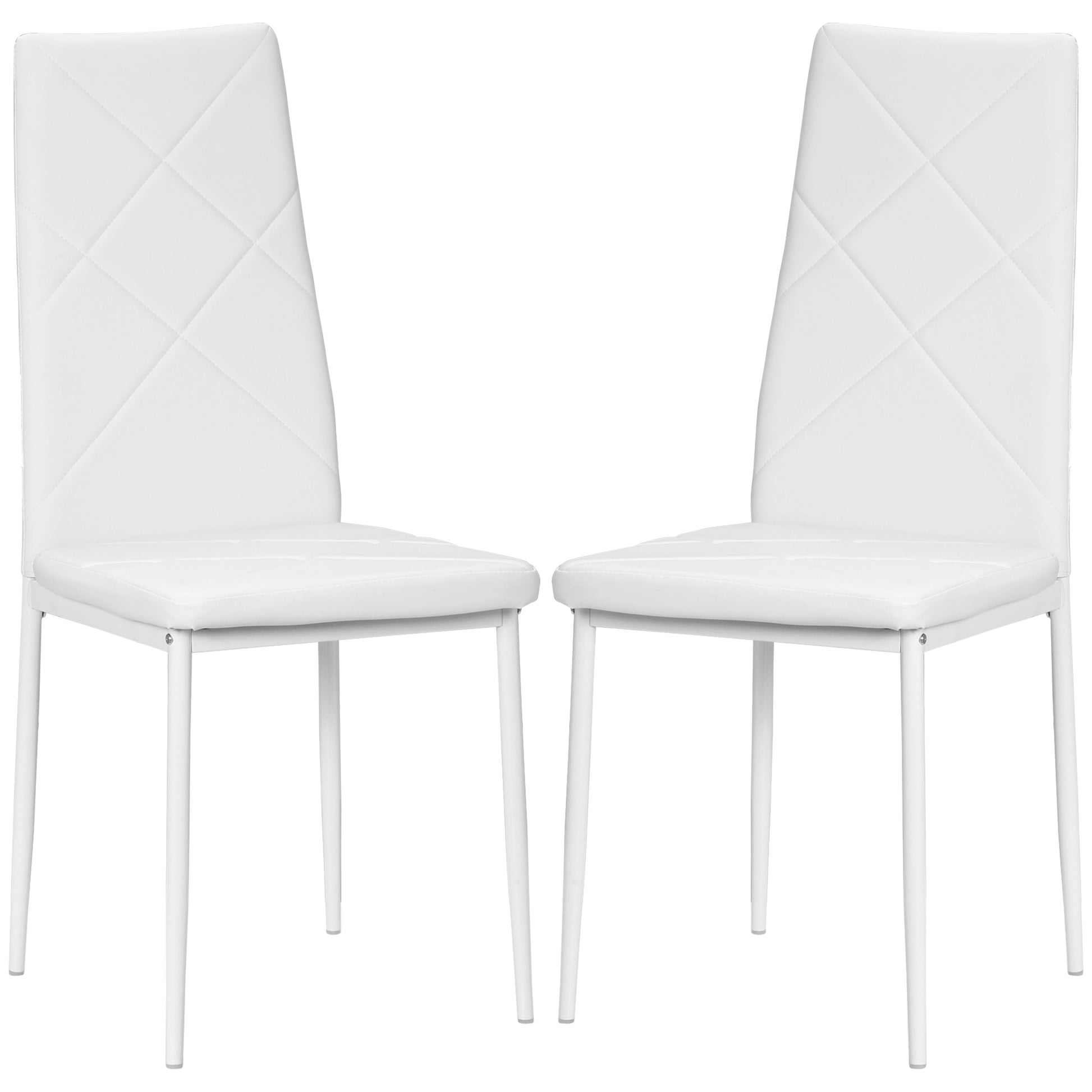 Set of 2 Upholstered High-Back Dining Room Chairs, Kitchen Chairs in Faux Leather with Diamond Stitching, Non-Slip Feet and Steel Legs for Living Room, 41x50x97 cm, White