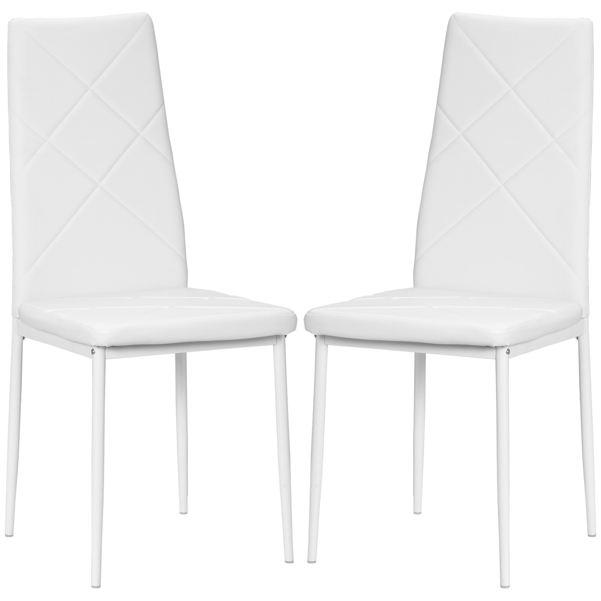 Set of 2 Upholstered High-Back Dining Room Chairs, Kitchen Chairs in Faux Leather with Diamond Stitching, Non-Slip Feet and Steel Legs for Living Room, 41x50x97 cm, White