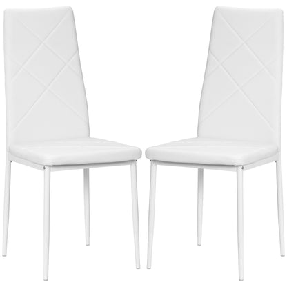 Set of 2 Upholstered High-Back Dining Room Chairs, Kitchen Chairs in Faux Leather with Diamond Stitching, Non-Slip Feet and Steel Legs for Living Room, 41x50x97 cm, White