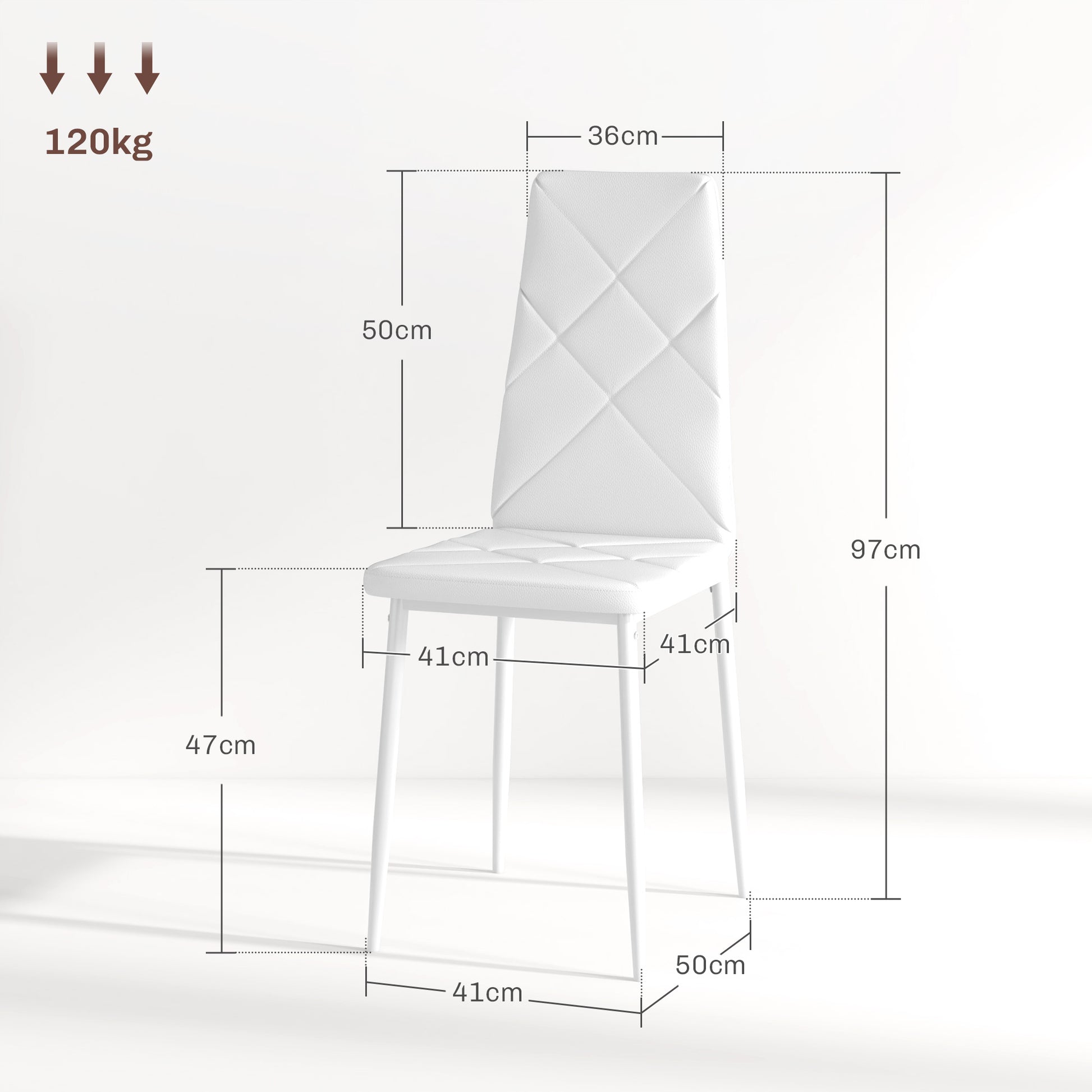Set of 2 Upholstered High-Back Dining Room Chairs, Kitchen Chairs in Faux Leather with Diamond Stitching, Non-Slip Feet and Steel Legs for Living Room, 41x50x97 cm, White