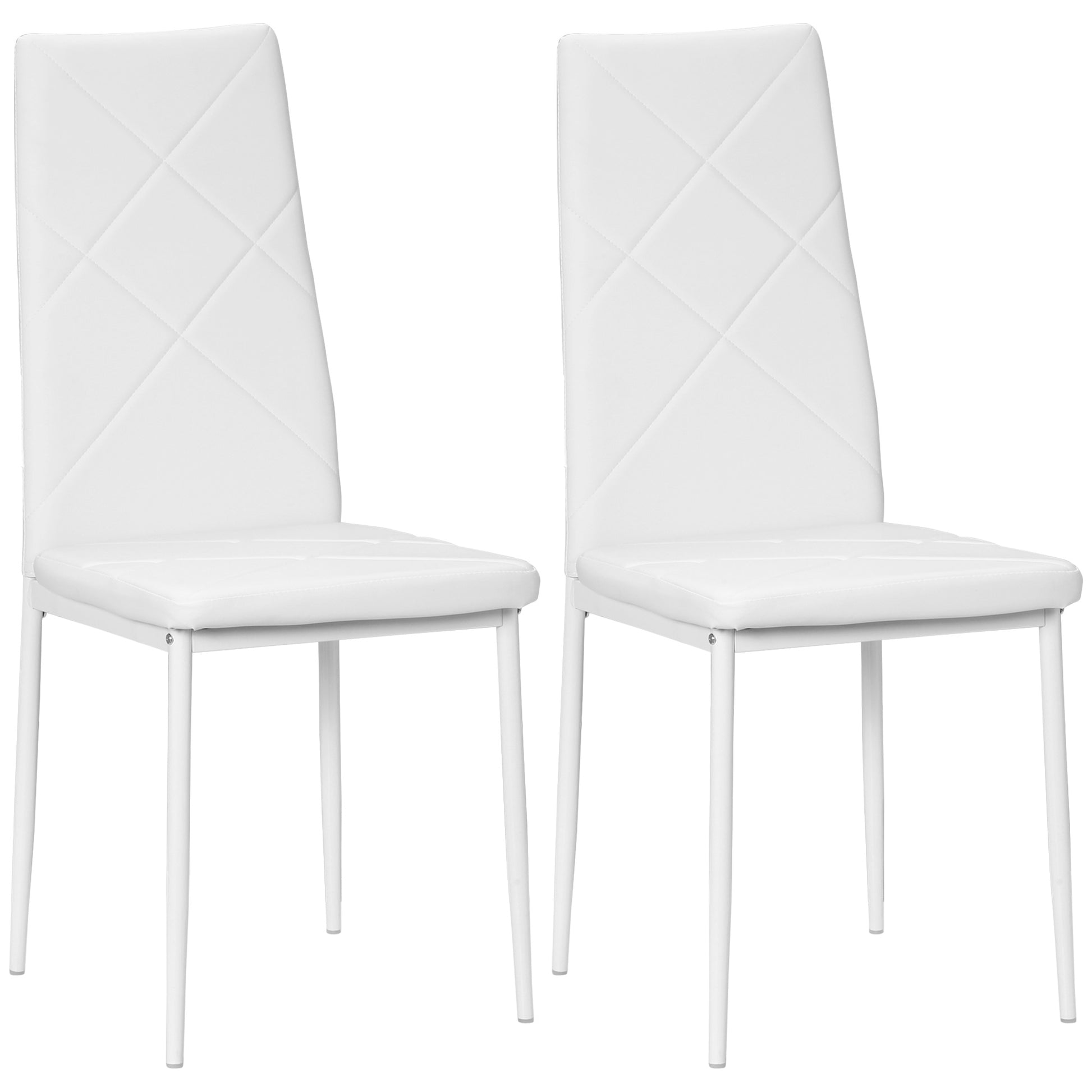 Set of 2 Upholstered High-Back Dining Room Chairs, Kitchen Chairs in Faux Leather with Diamond Stitching, Non-Slip Feet and Steel Legs for Living Room, 41x50x97 cm, White