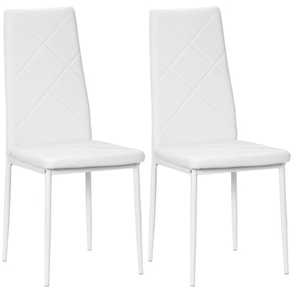 Set of 2 Upholstered High-Back Dining Room Chairs, Kitchen Chairs in Faux Leather with Diamond Stitching, Non-Slip Feet and Steel Legs for Living Room, 41x50x97 cm, White